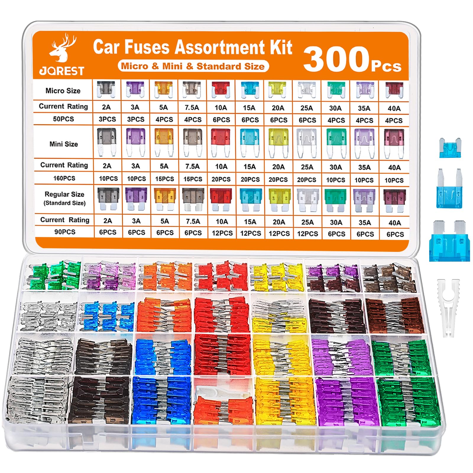 JOREST 300Pcs Car Fuse Assortment Kit, 160 Mini Blade Fuses Automotive + 90 Standard Auto Fuses + 50 Micro Fuse + Fuse Puller - 