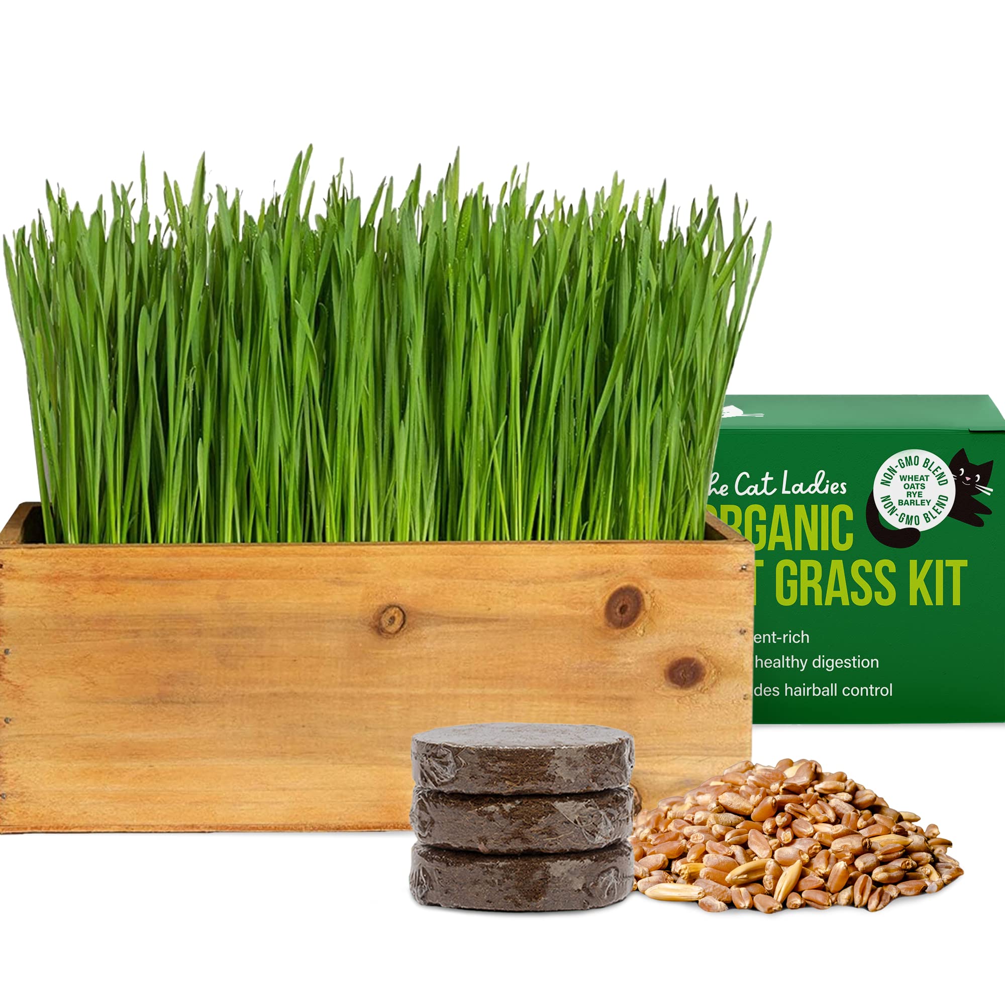The Cat Ladies Cat Grass Kit (Organic) With Rustic Wood Planter, Seed And Soil Easy To Grow For Indoor Or Outdoor Cats, Dogs And