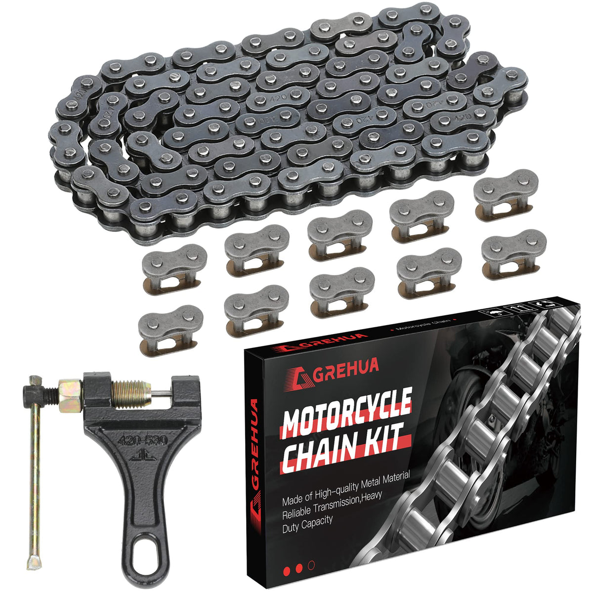 Grehua Rear Drive 420 Chain 90 Link Chain Breaker With Standard Master Link For Bt200X Ct200U Trail Ct200U-Ex Trailmaster Mb200 Hensim Baja Warrior Mb165 212Cc 196Cc 6.5Hp Mini Bike Parts Motorcycle