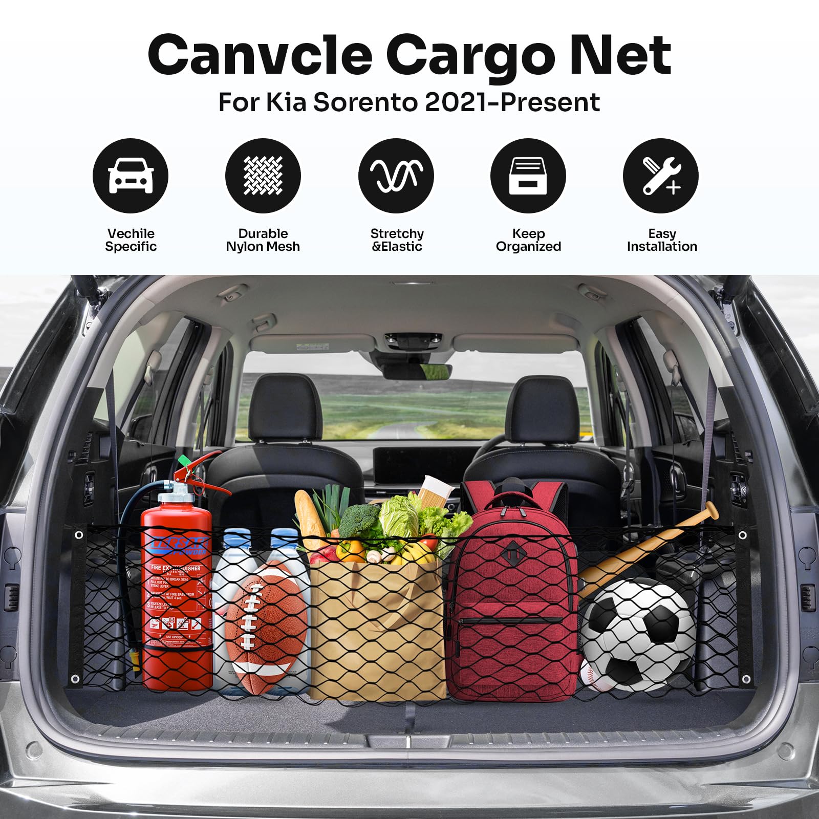 Canvcle Trunk Cargo Net for 2014-2025 Kia Sorento Accessories Envelope Style Mesh Trunk Net Organizer and Storage Stretchable Ad