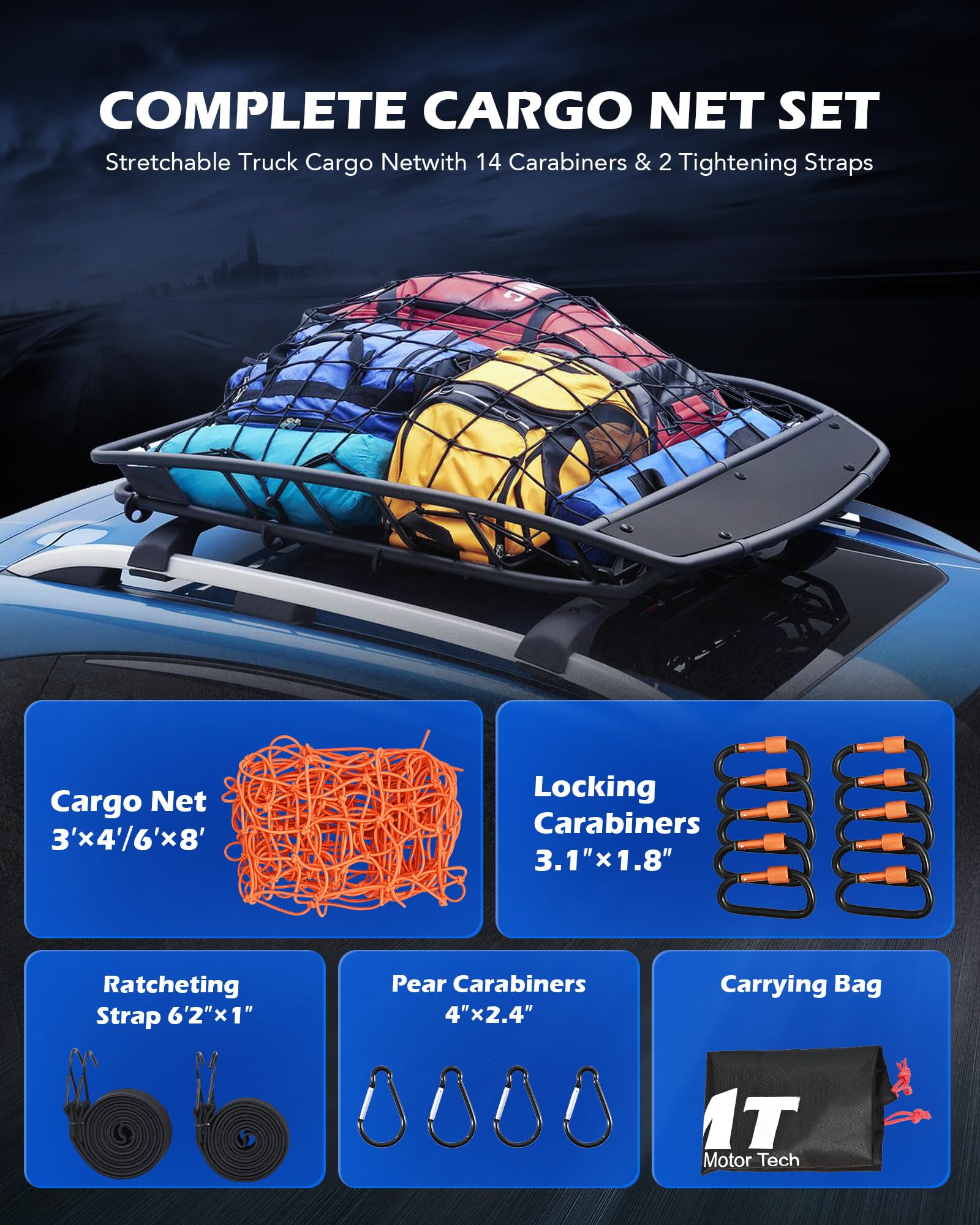Orion Motor Tech Small Cargo Net, 3 'X4 ' Cargo Net For Roof Rack With 4 ''X4 '' Small Mesh, 6 'X8 ' Max Size Truck Bed Net With