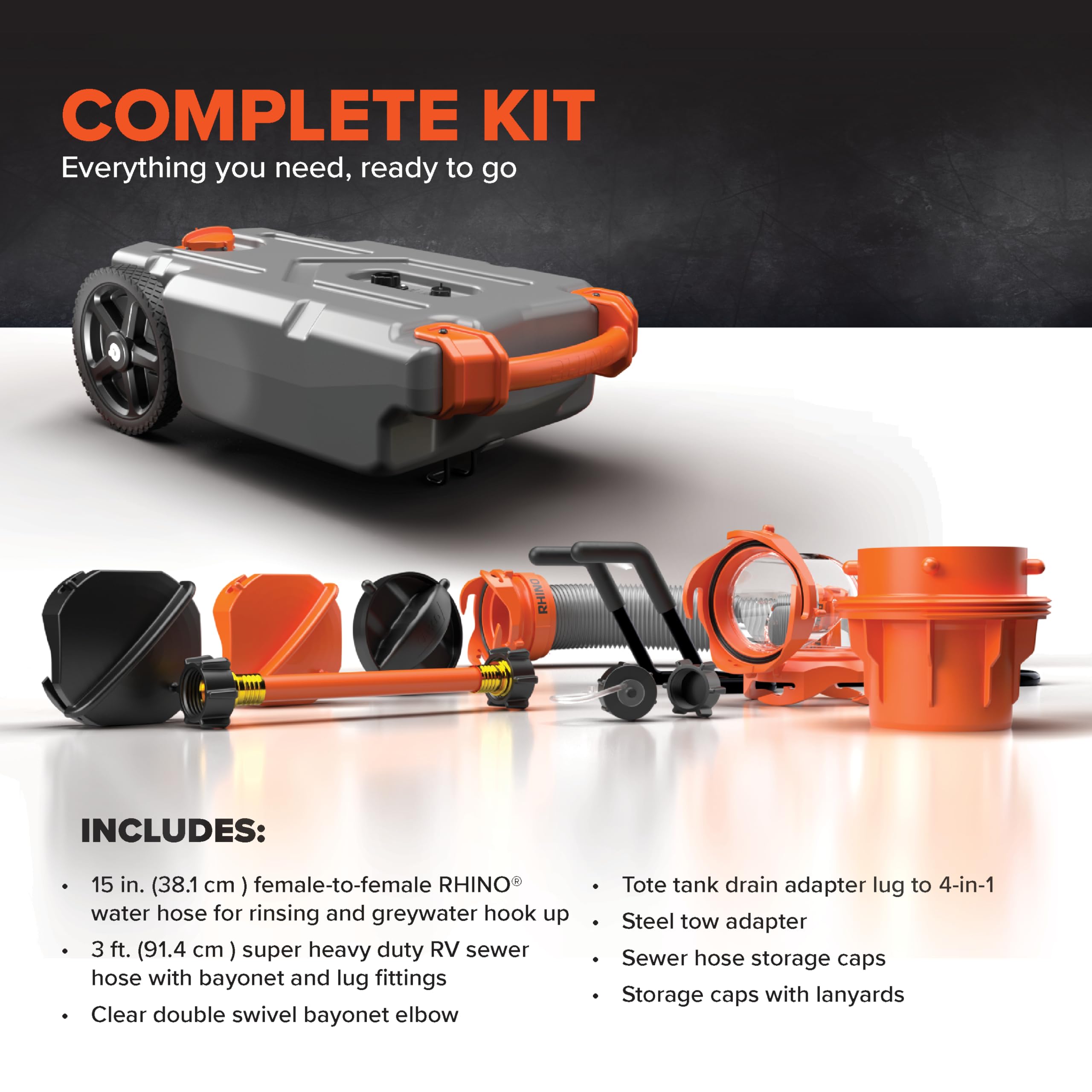 Camco Rhino 15-Gallon Portable RV Tote Tank with Heavy-Duty No-Flat Wheels, Low Drain Hole & Accessories - Gray