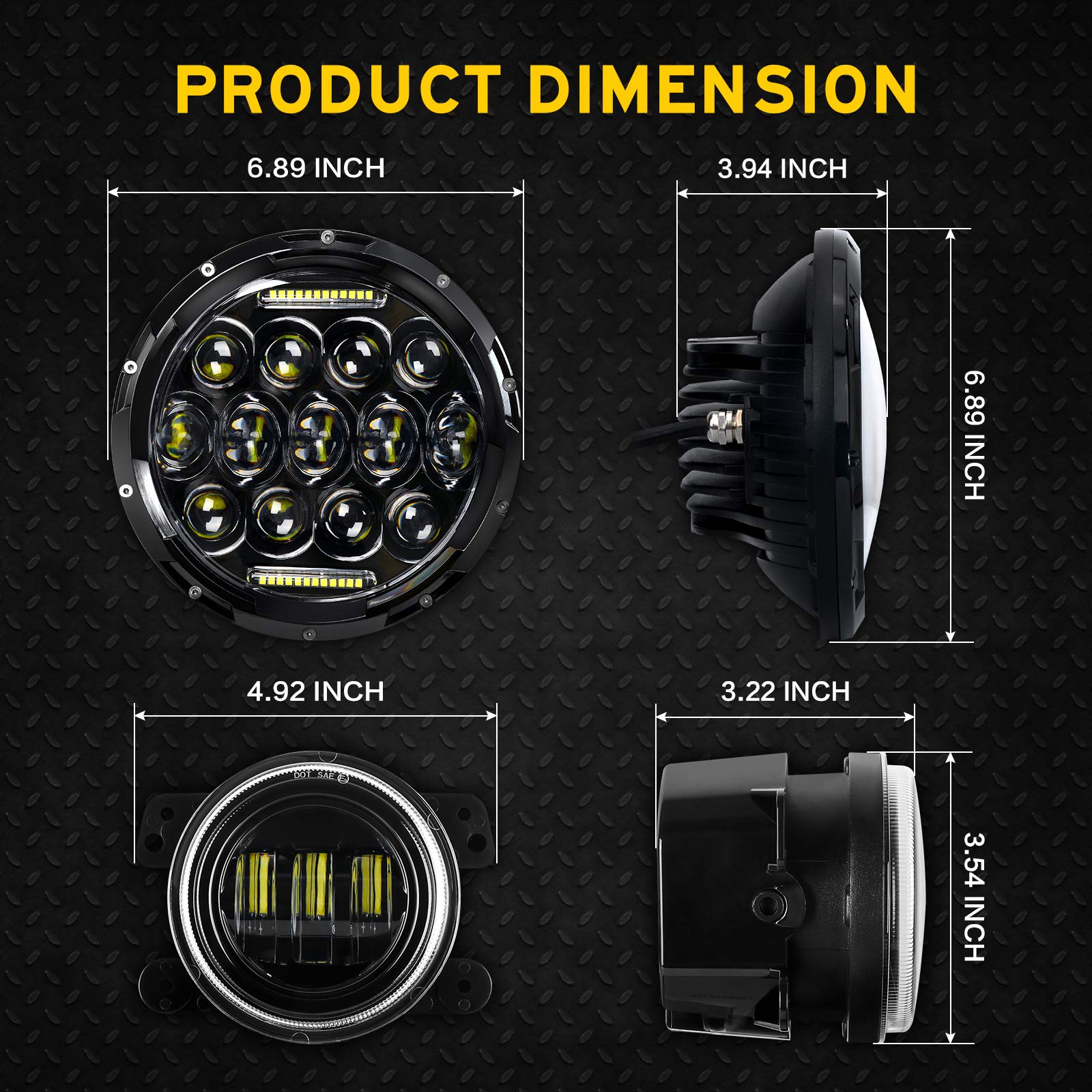 Led Headlight For Wrangler + 4'' Led Fog Lights, 7'' 105W Round Led Headlights With Daytime Running Light Drl High Low Beam Comp