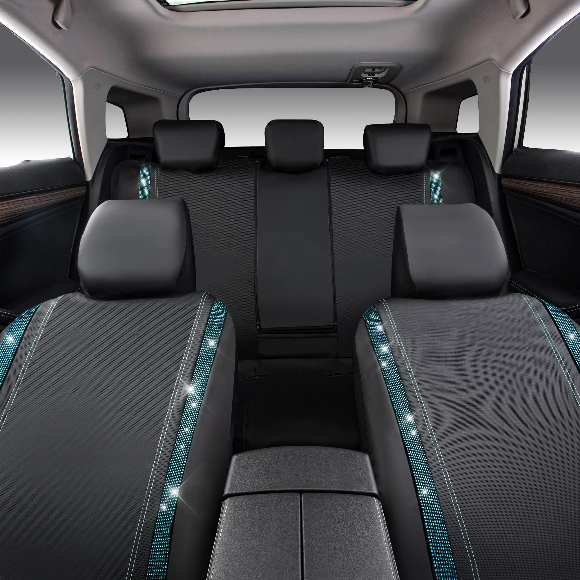 Car Pass Bling Car Seat Covers Full Sets, Shining Rhinestone Diamond Waterproof Leather, Rear With Zipper, Universal Fit Automot