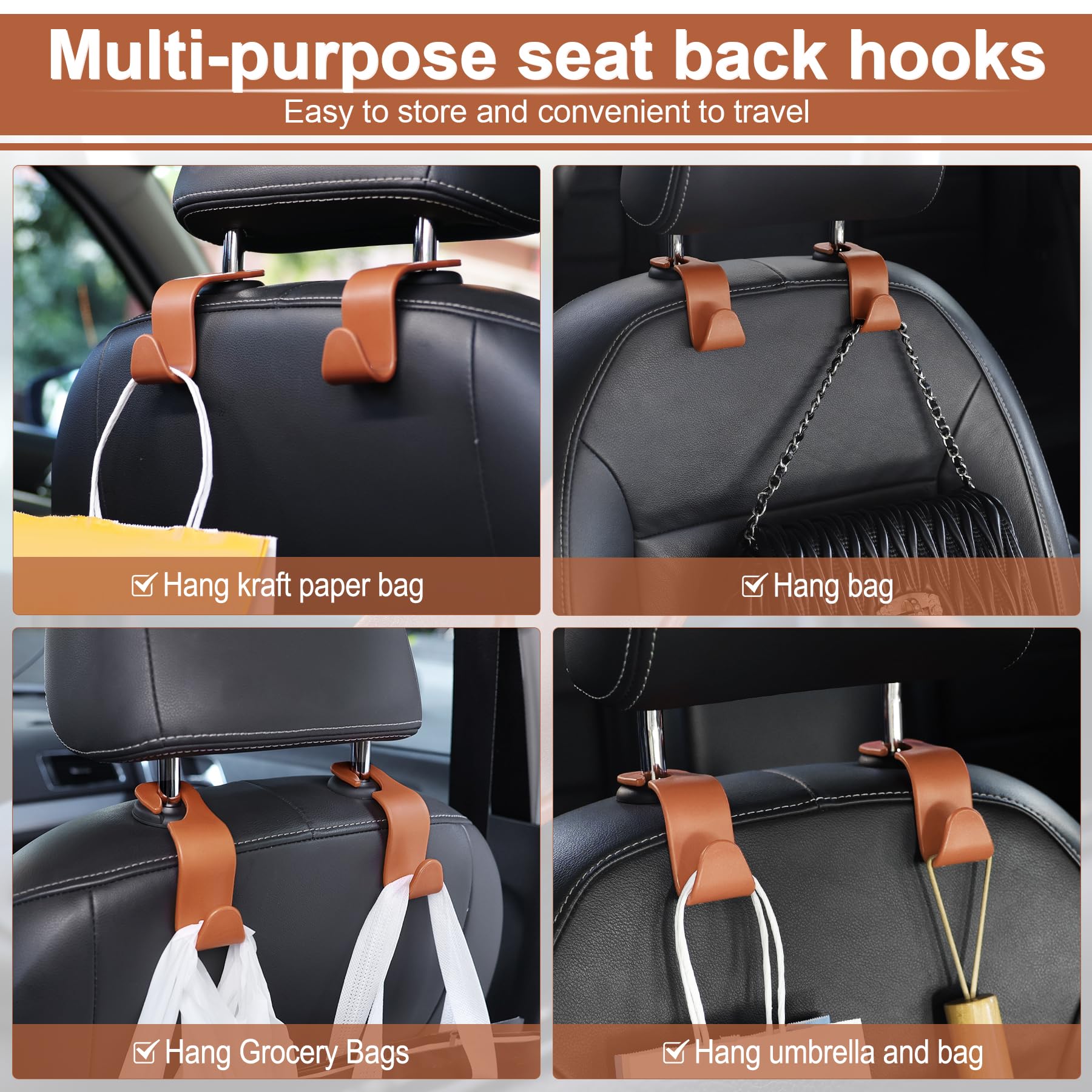 Livtee Car Seat Headrest Hook, Auto Seat Hook Hangers Organizer Interior Accessories For Purse Coats Umbrellas Grocery Bags Handbag, 4-Pack - Blown