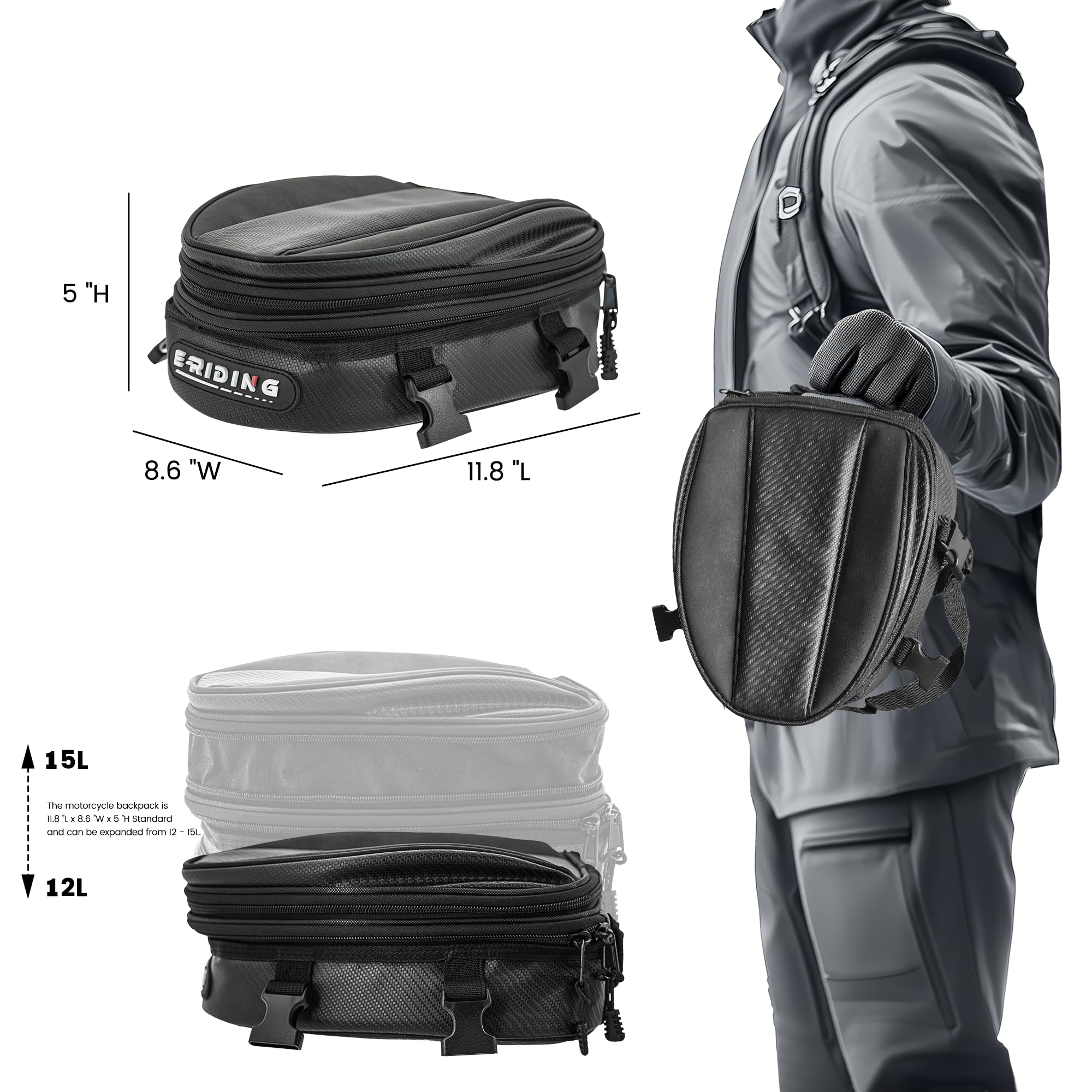 E-riding Motorcycle Tail Bag, 12L-15L Expandable Waterproof Motorbike Rear Seat Luggage Bag for Most Motorcycle Dirt Pit Street