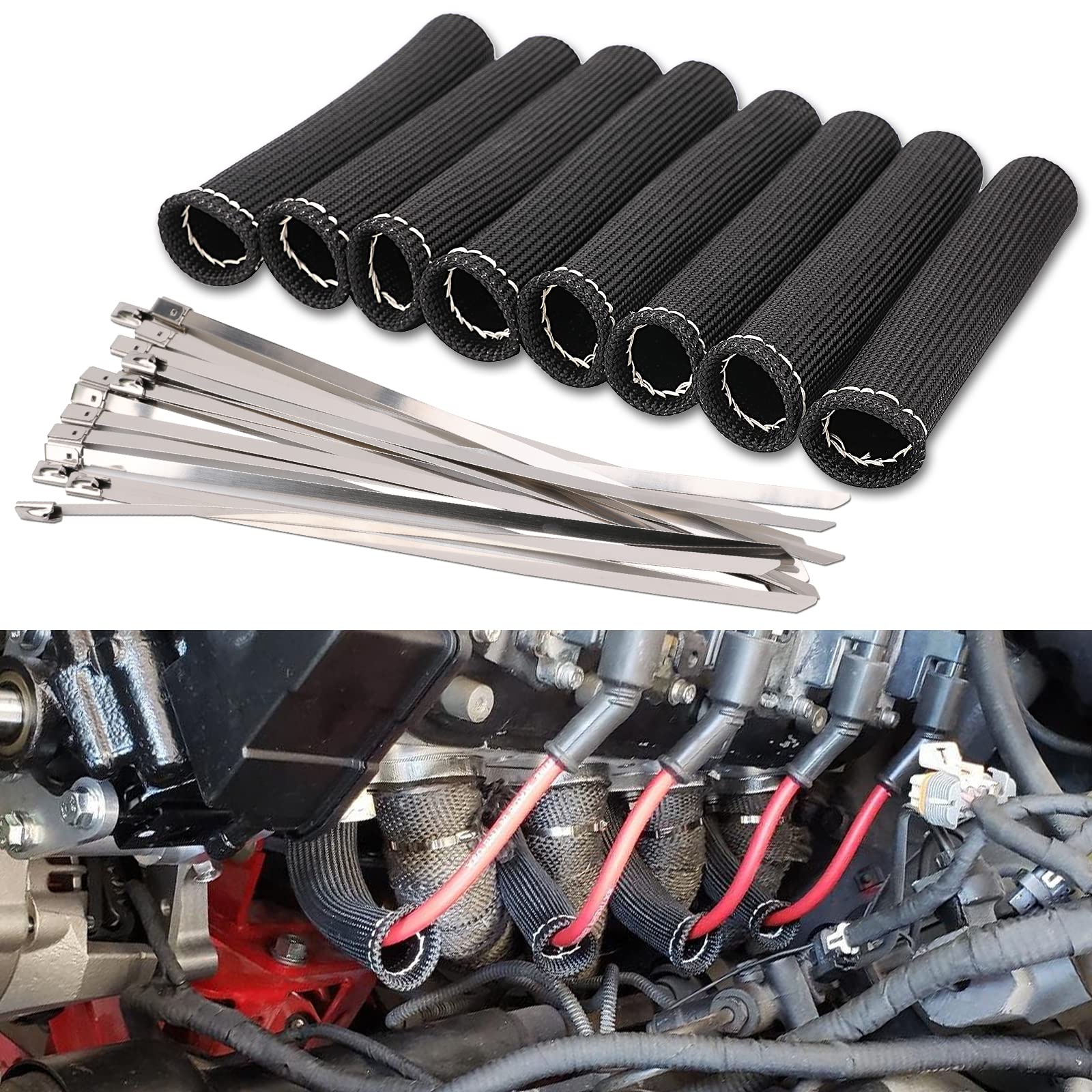 8Pcs Spark Plug Wire Boots Protector Sleeve Heat Shield Cover With 16Pcs Stainless Steel Wire Ties Kit 2500 Degree Spark Plug Wi