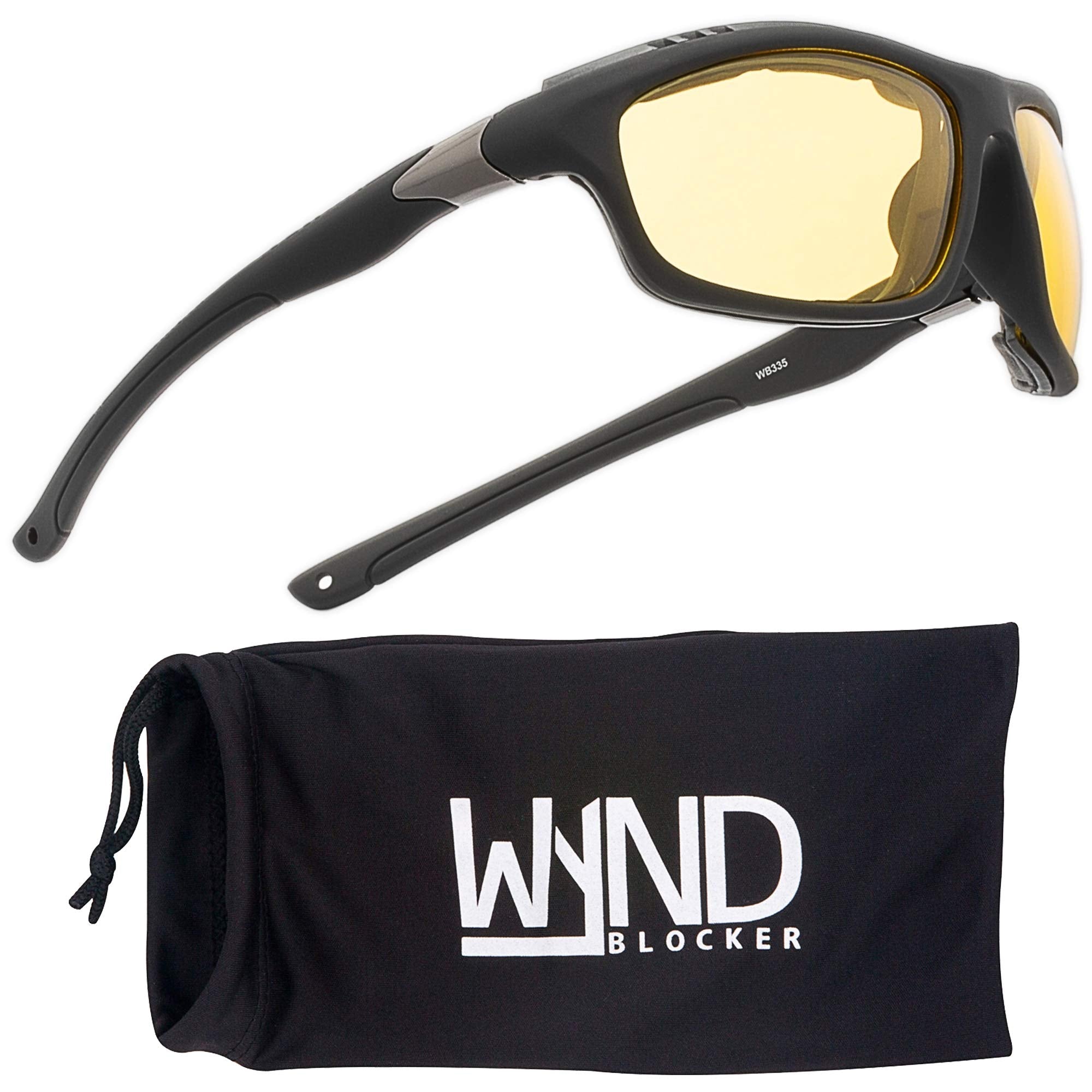Wynd Blocker Airdam Sunglasses Motorcycle Riding, Driving, Fishing, Boating Wrap (Black Matte, Yellow)