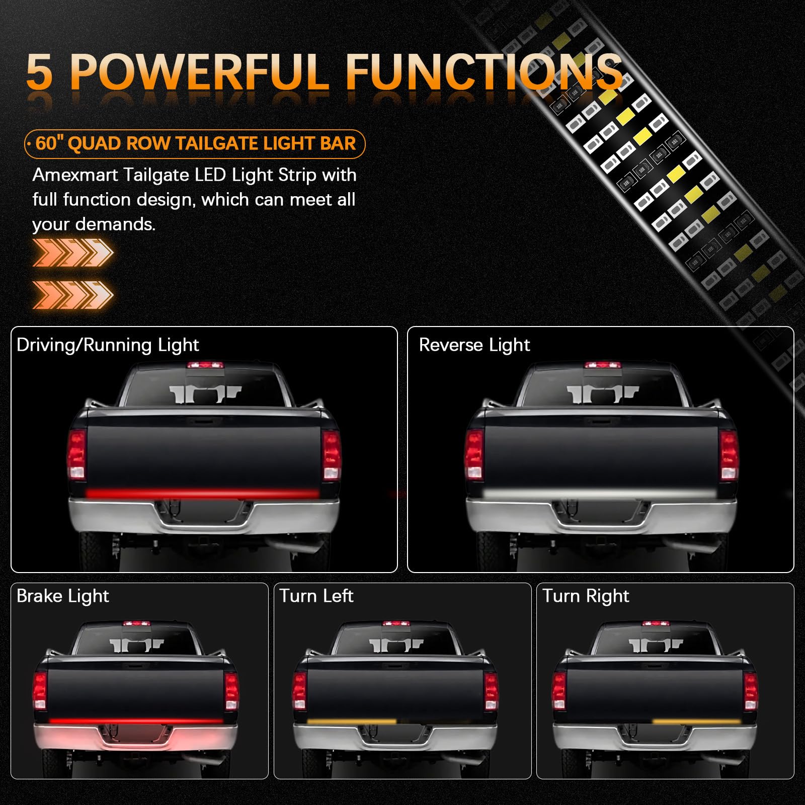 Amexmart 60 Inch Tailgate Light Bar Quad Row Led Tail Light Strip With Running Brake Reverse & Left Right Turn Signal
