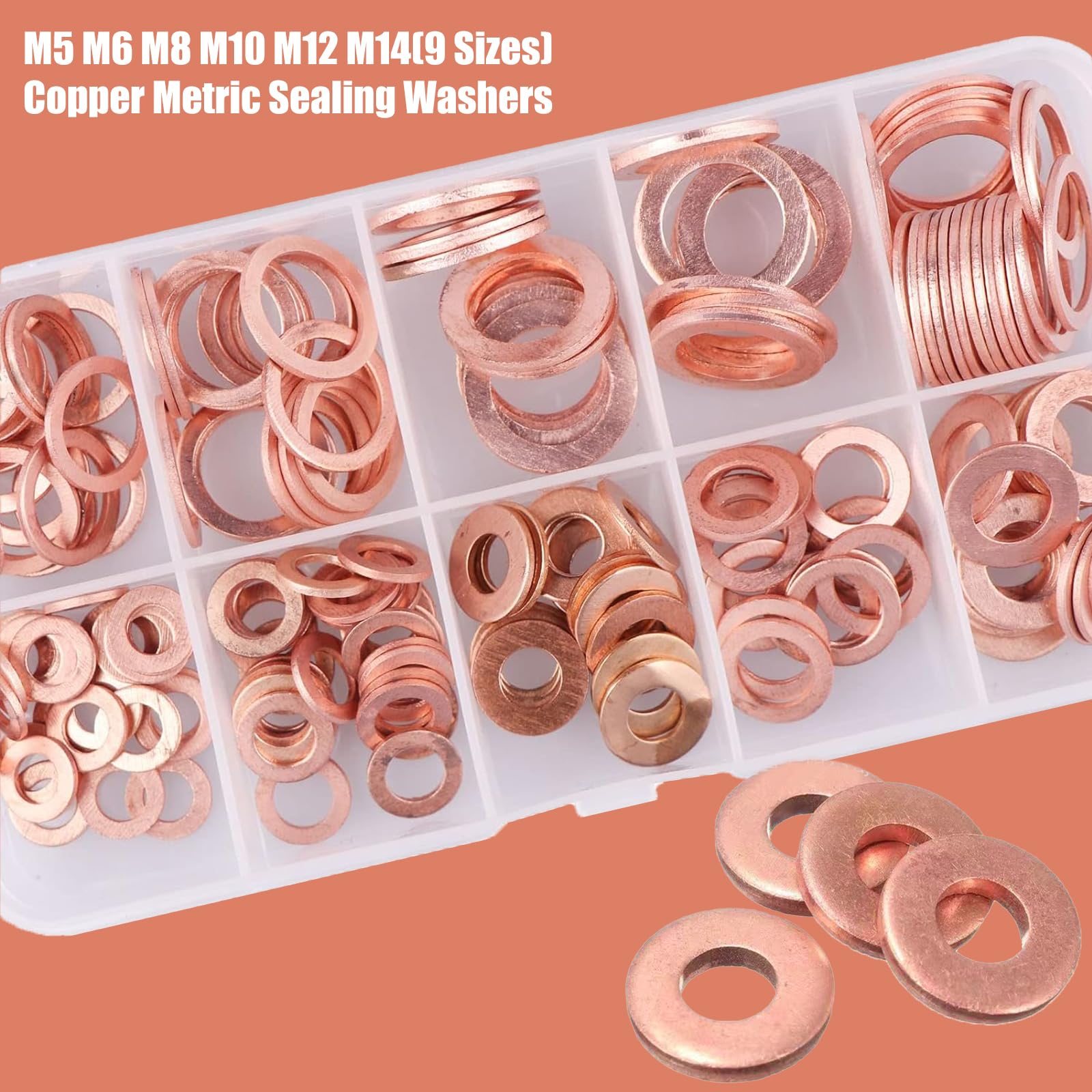 Jeseny 200 Pcs Flat Washers Assortment Set, Copper Metric Sealing Gaskets, Muti-Sized Sump Plugs, Oil Sealing Replacements M5 M6