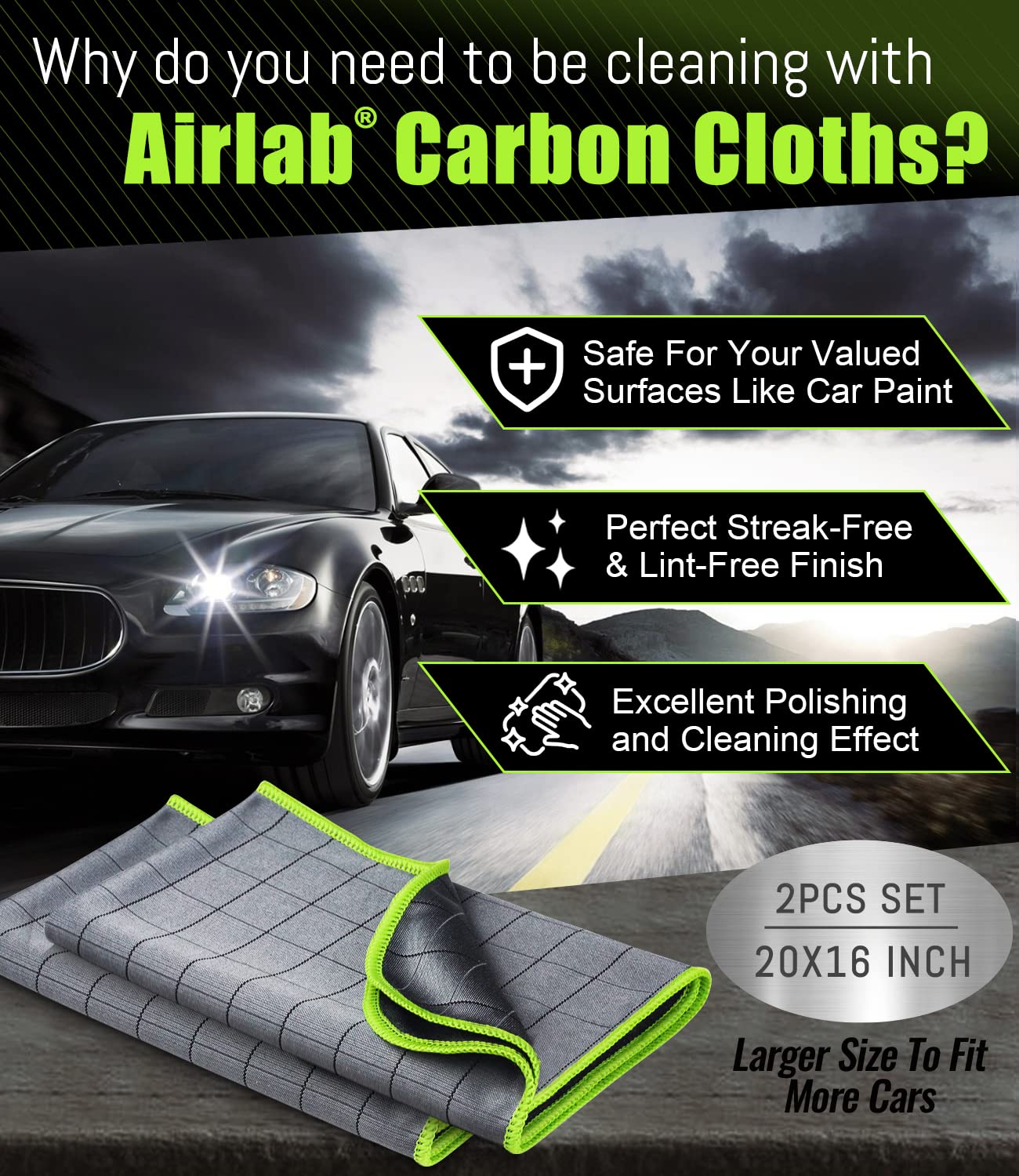 Airlab Carbon Microfiber Towels For Car Glass Window Polishing Cleaning Cloth Auto Detailing Lint Free Streak Free Drying Car Wash Large Towel, Pack Of 2, 20X16, 400Gsm