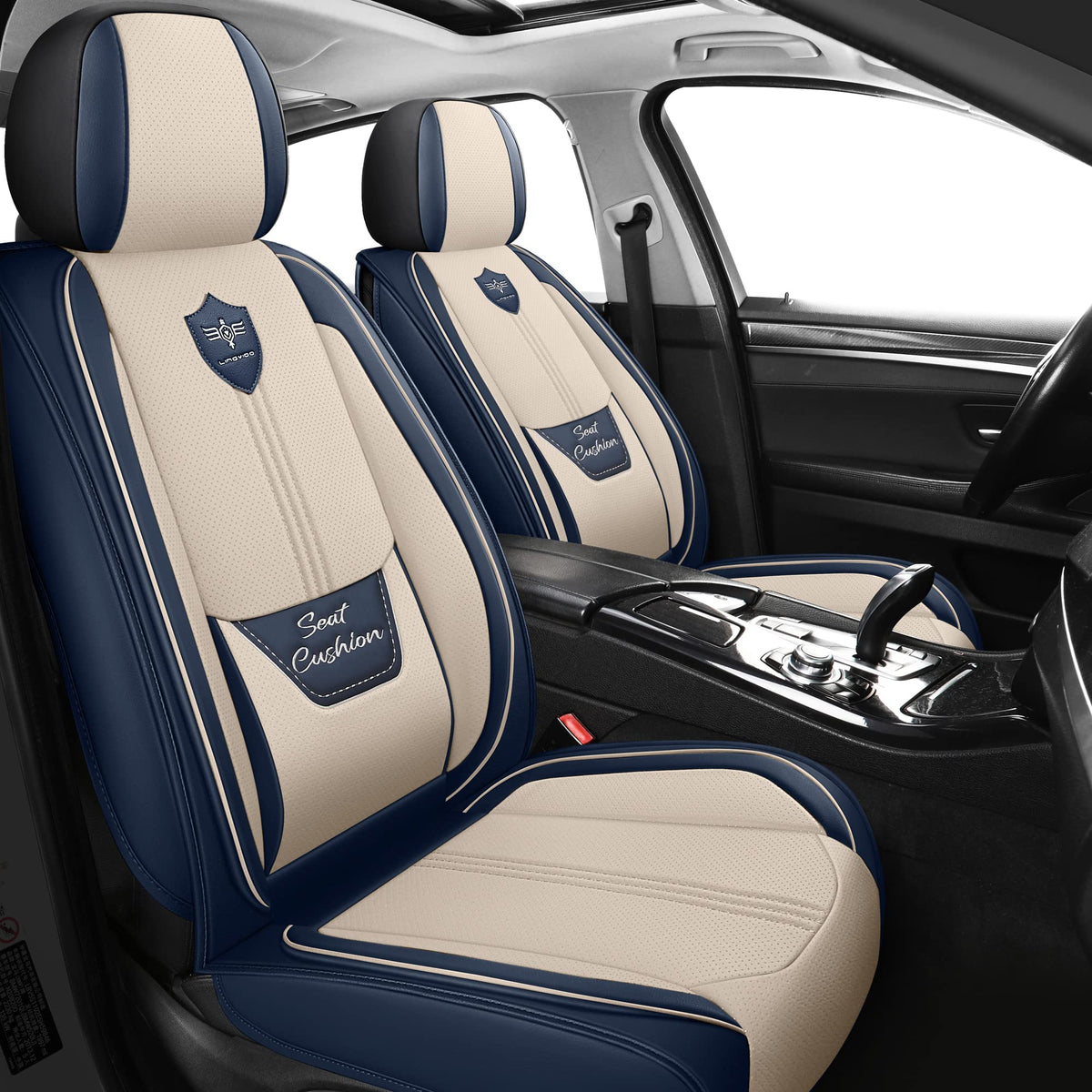 Lingvido Leather Car Seat Covers, Breathable Automotive Cover Cushion Accessories For Cars & Suv Truck Universal Fit Set (Blue & White Full Set)