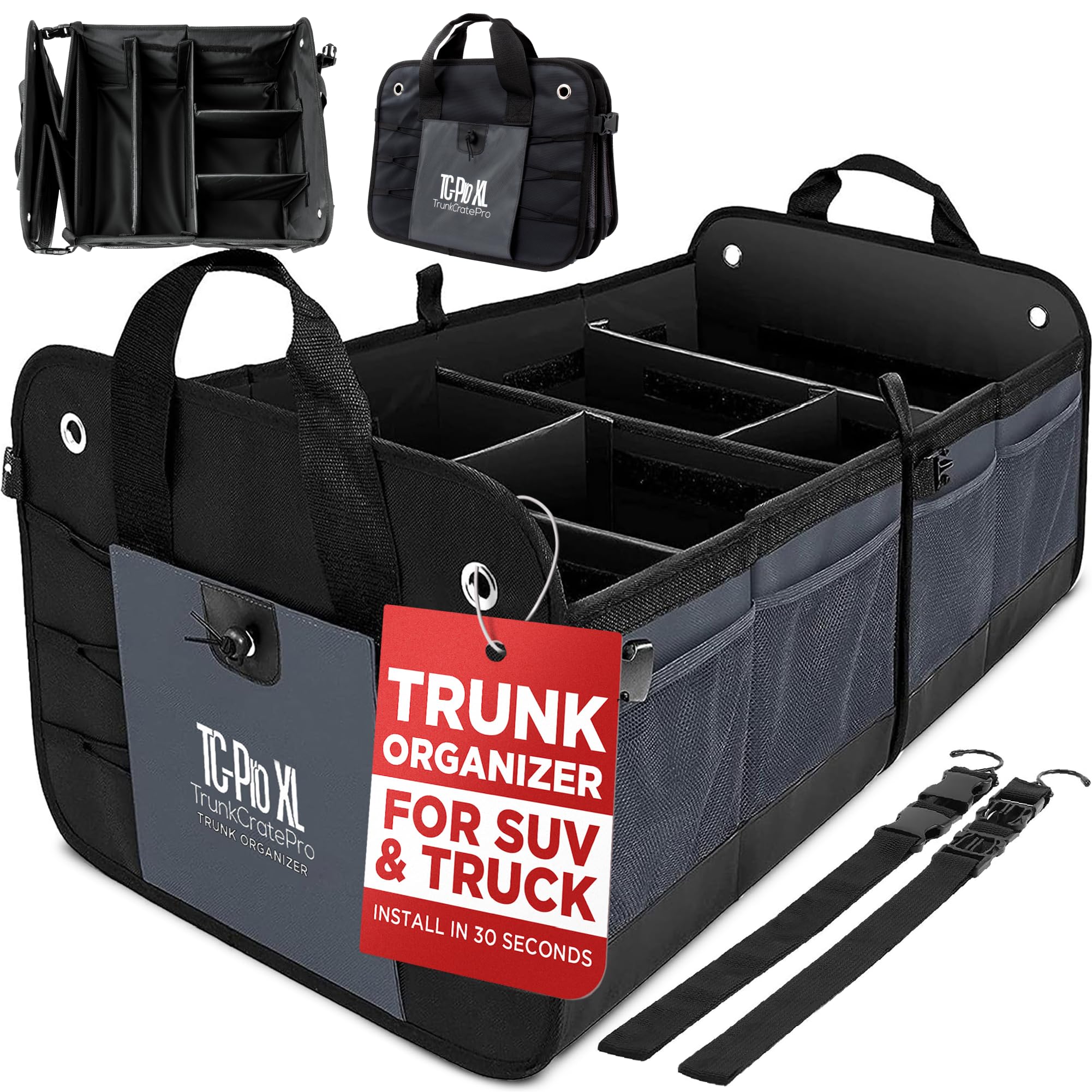 Trunkcratepro - Xl Trunk Organizer For Suv, Car, Truck With 6 Compartments Adjustable Collapsible Portable Non-Skid Premium Carg