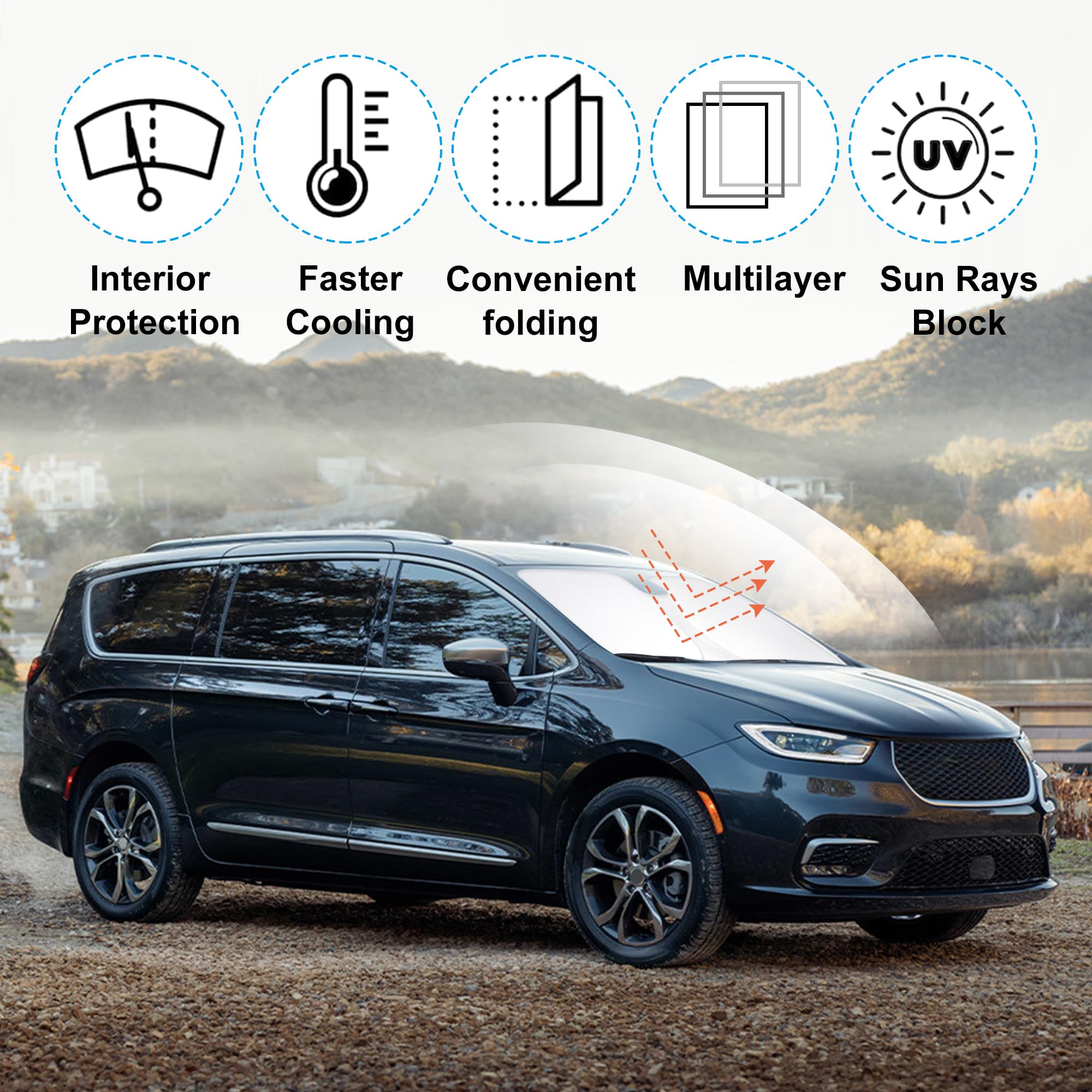 Yycke Windshield Sun Shade Accessories Compatible With 2017-2024 2025 Pacifica Minivan For Chrysler Foldable Sunshade Sun Visor