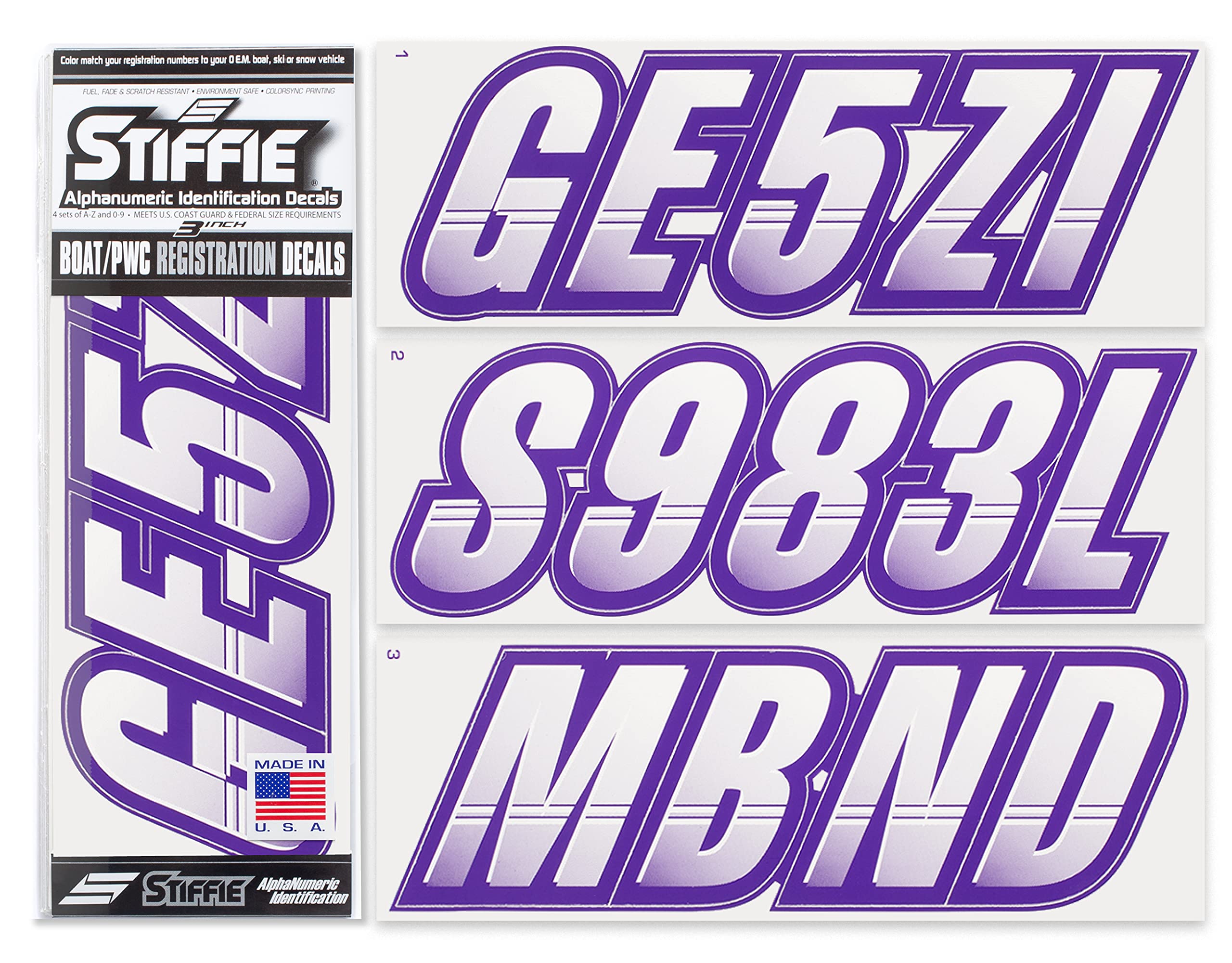 Stiffie Techtron White/Purple 3 '' Boat & Pwc Registration Decals  Numbers Letters Stickers