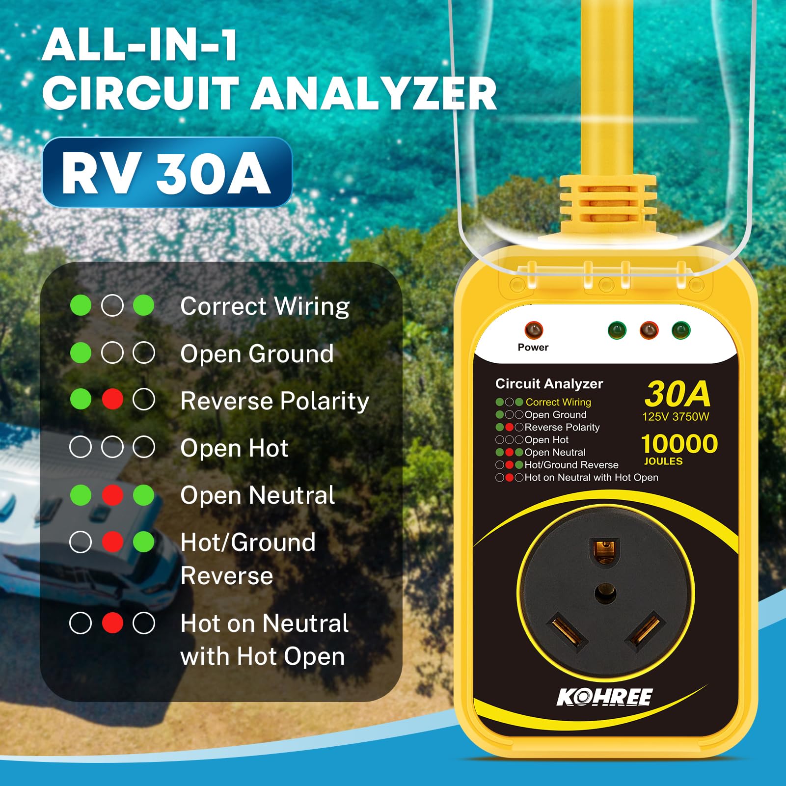 Kohree Rv Surge Protector 30 Amp With Waterproof Cover, 10000 Joules 30 Amp Rv Surge Protector For Rv Camper, All-In-1 Circuit A