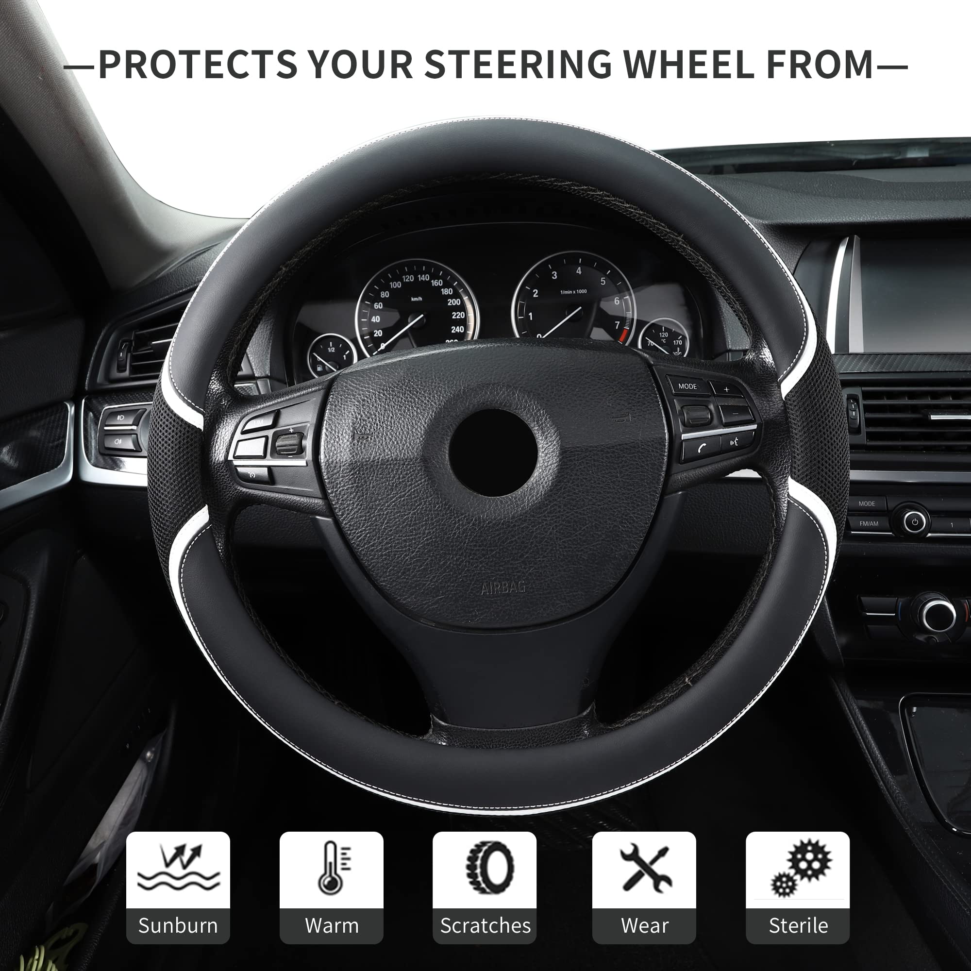 Microfiber Leather 15'' Universal Fit Car Steering Wheel Cover, Elastic Nonslip Breathable And Odorless, Grey & White