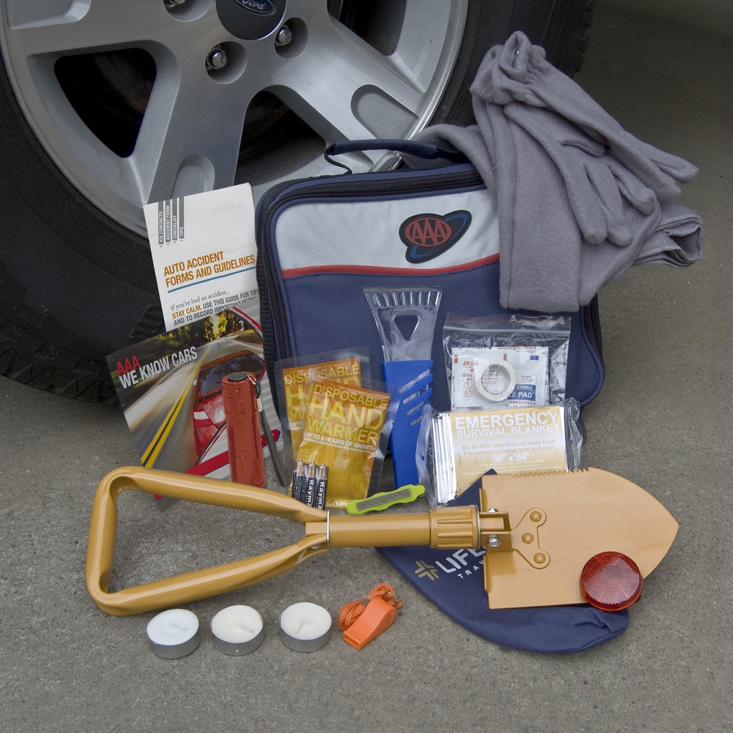 Lifeline 4390 AAA Severe Weather Emergency Road Safety Kit - 66 Pieces - Featuring Emergency Folding Shovel, Fleece Set, Fire St