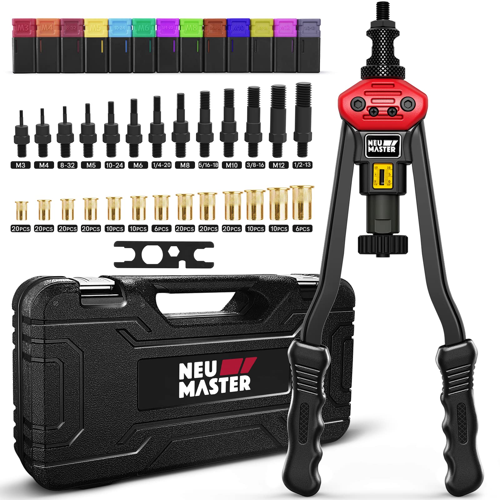 Neu Master Rivet Nut Tool, 16    Versatile Rivnut Tool Kit With 13 Metric & Sae Mandrels, 192Pcs Rivnuts, Hand Nutsert Rivet Too