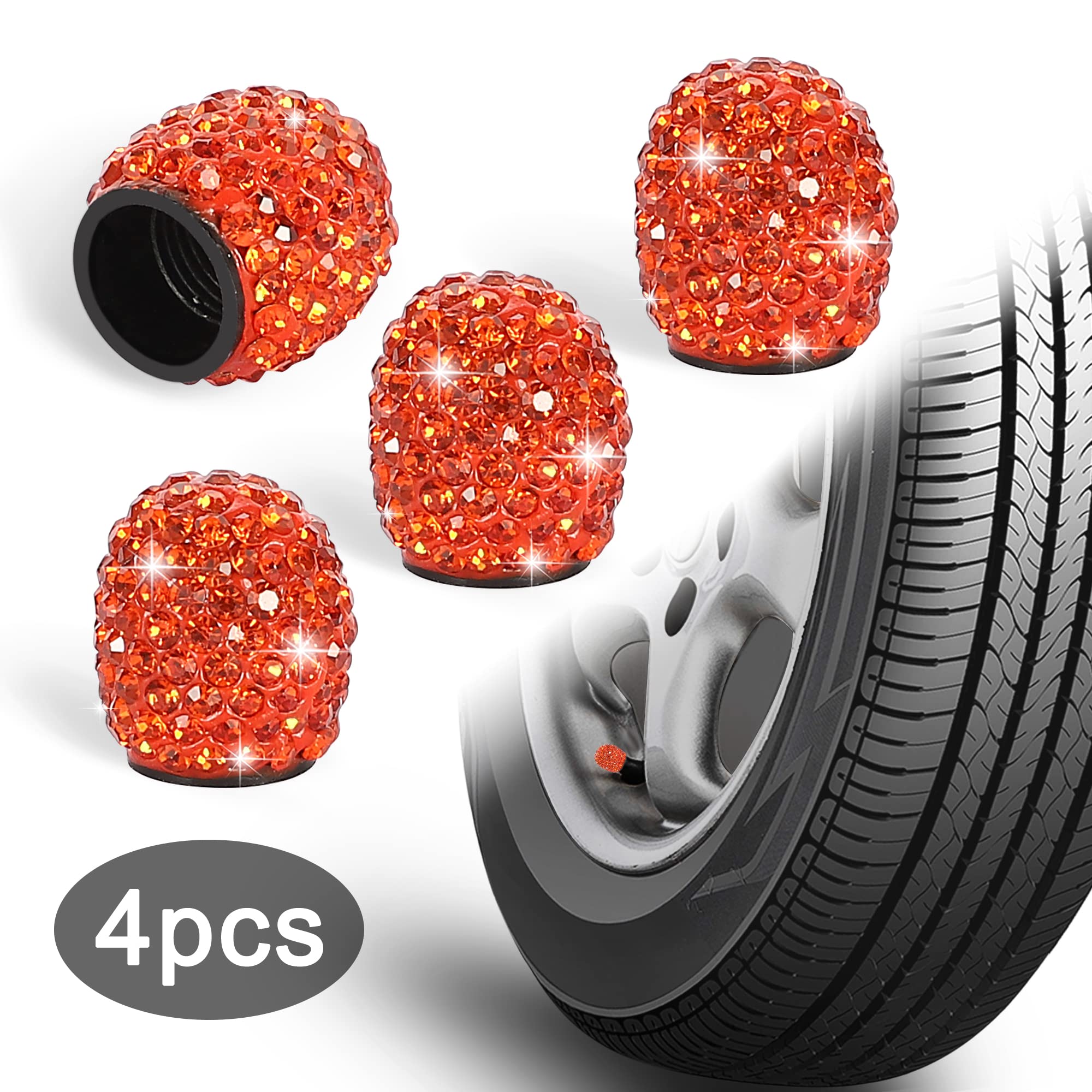 Winka Set Of 4 Rhinestone Tire Valve Stem Caps Bling Car Accessory Compatible With Universal Wheel Air Stem Valve Orange
