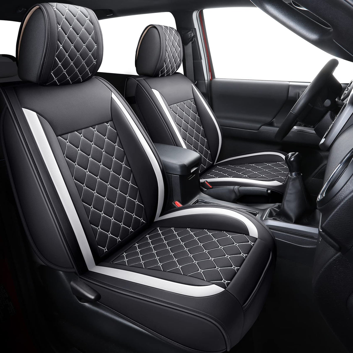 Tomatoman Tacoma Seat Covers Customized For 2005-2023 Sport Extended Sr V6 Overlanding, Waterproof Faux Leather Cushions(Full Set, Black-White)