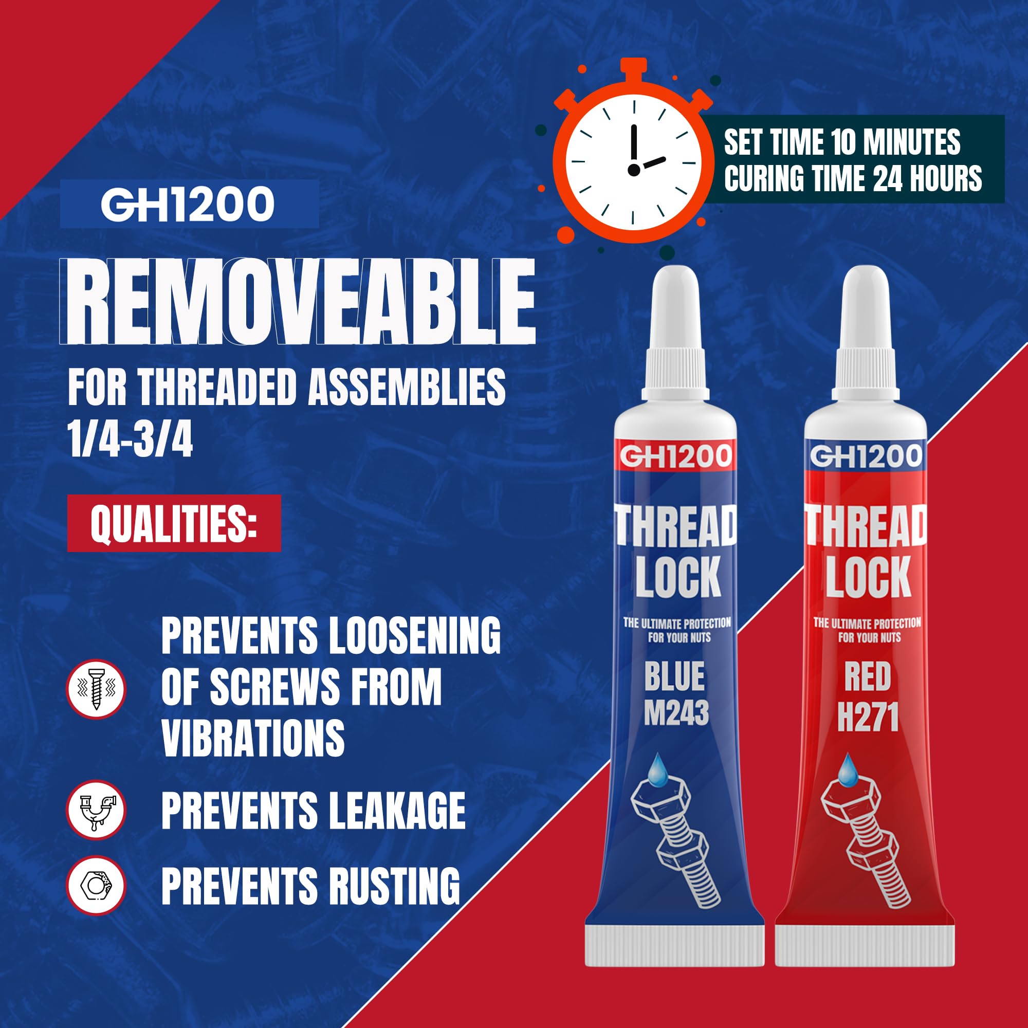 Gh1200-6Gx2 Pack Thread Lock Medium And Strong Strength For Nuts, Bolts, And Metals, Threadlocker Lock Tight & Seal Fasteners Wi