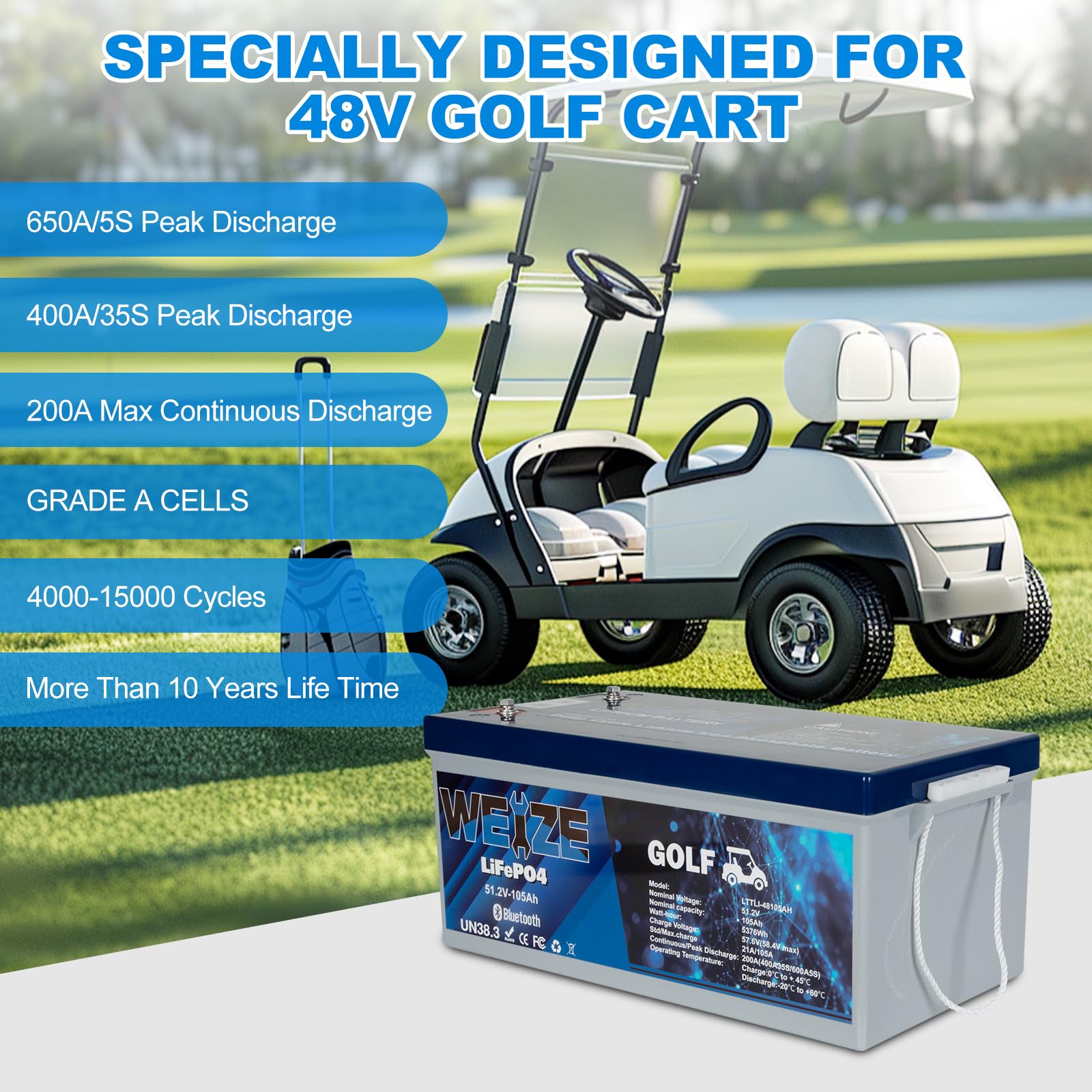 Weize 48V 105Ah Golf Cart Bluetooth Lifepo4 Battery (Replace 6X8V Gc8) With 48V 18A Lithium Batteries Charger, 200A Bms, Grade A