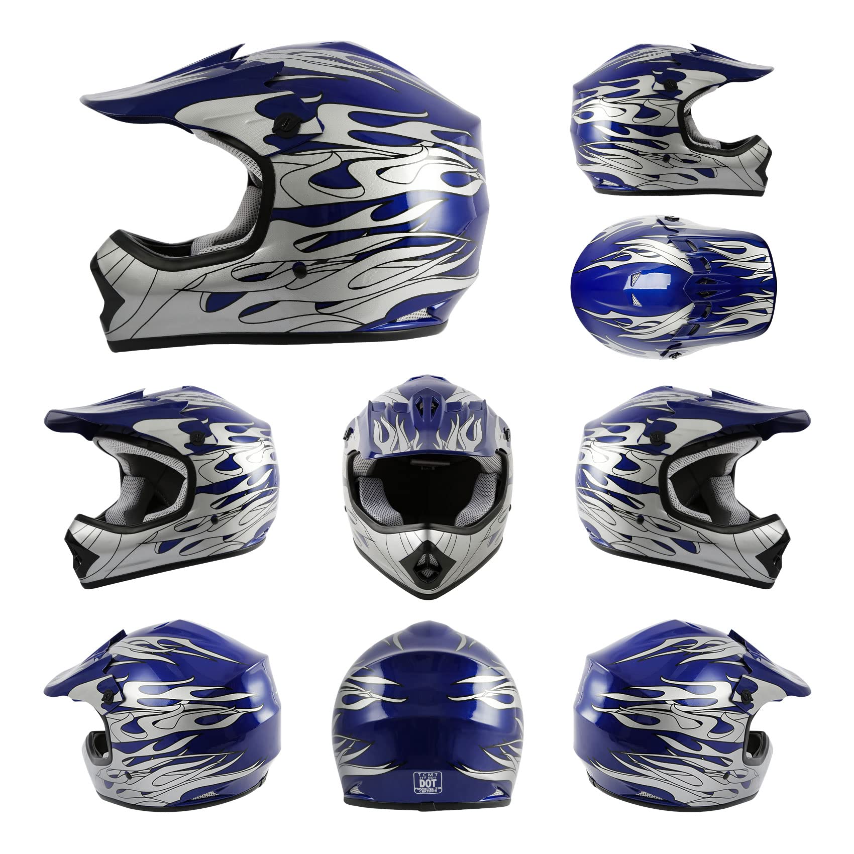 TCMT Dot Youth & Kids Motocross Offroad Street Blue Flame Motorcycle Youth Helmet Dirt Bike Motocross ATV Helmet+Goggles+Gloves