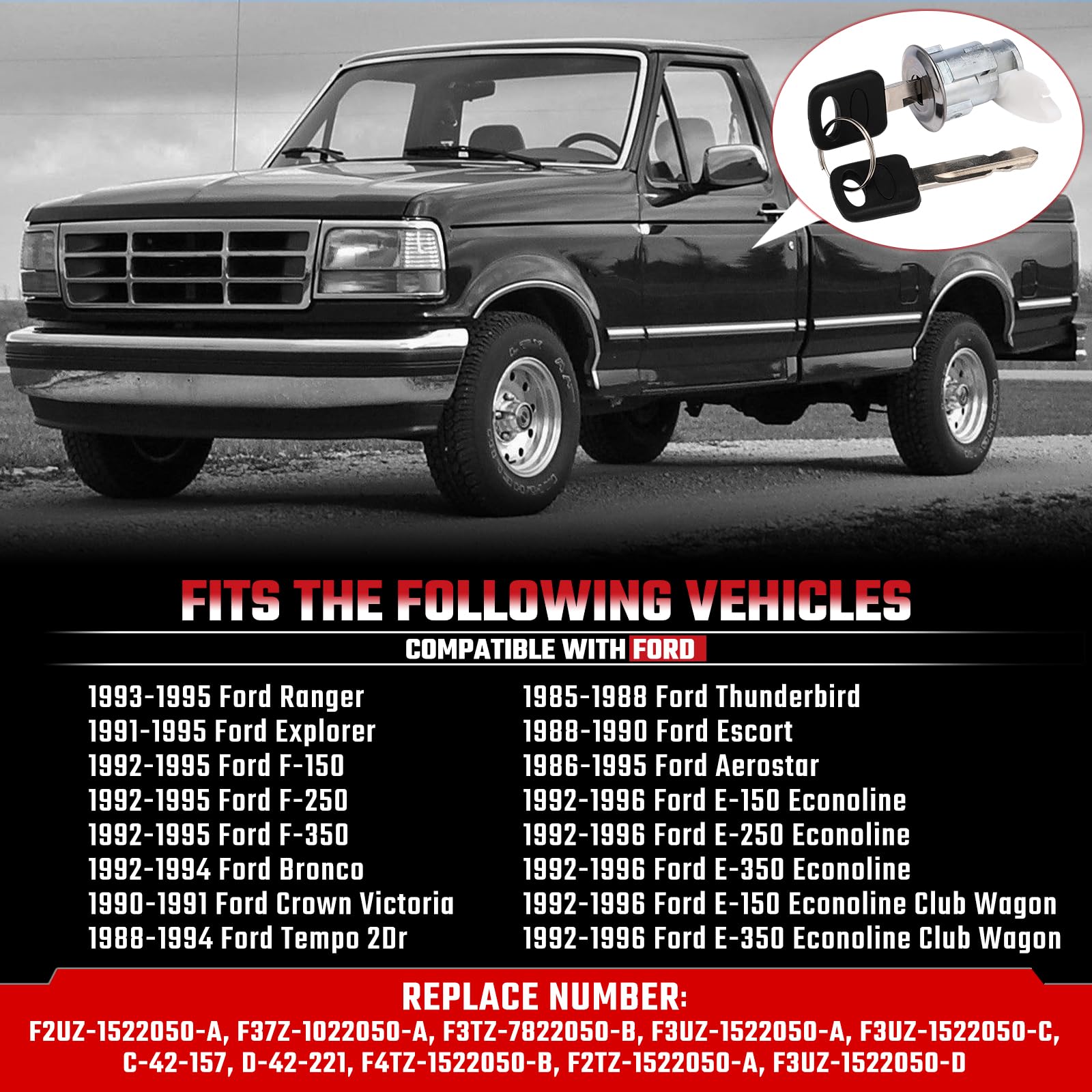 ISINFLASH Chrome Ignition Switch Lock Cylinder & Front Door Lock Cylinder with Keys Fit for Ford 1990-1995 Replace C-42-150 DP-4