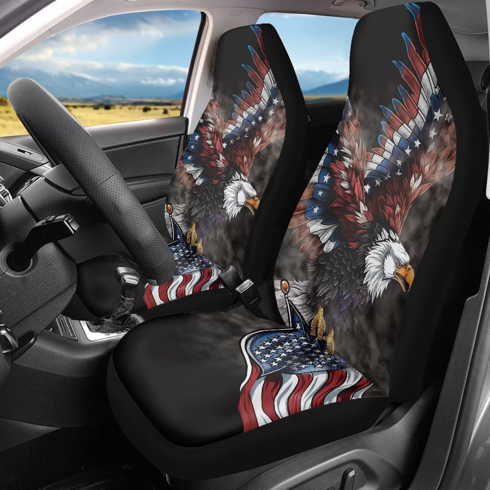 ELEQIN Car Front Seat Covers, Eagle America Flag Universal Seat Protector, Full Cover Fit Most Truck, SUV, Van Interior Decor