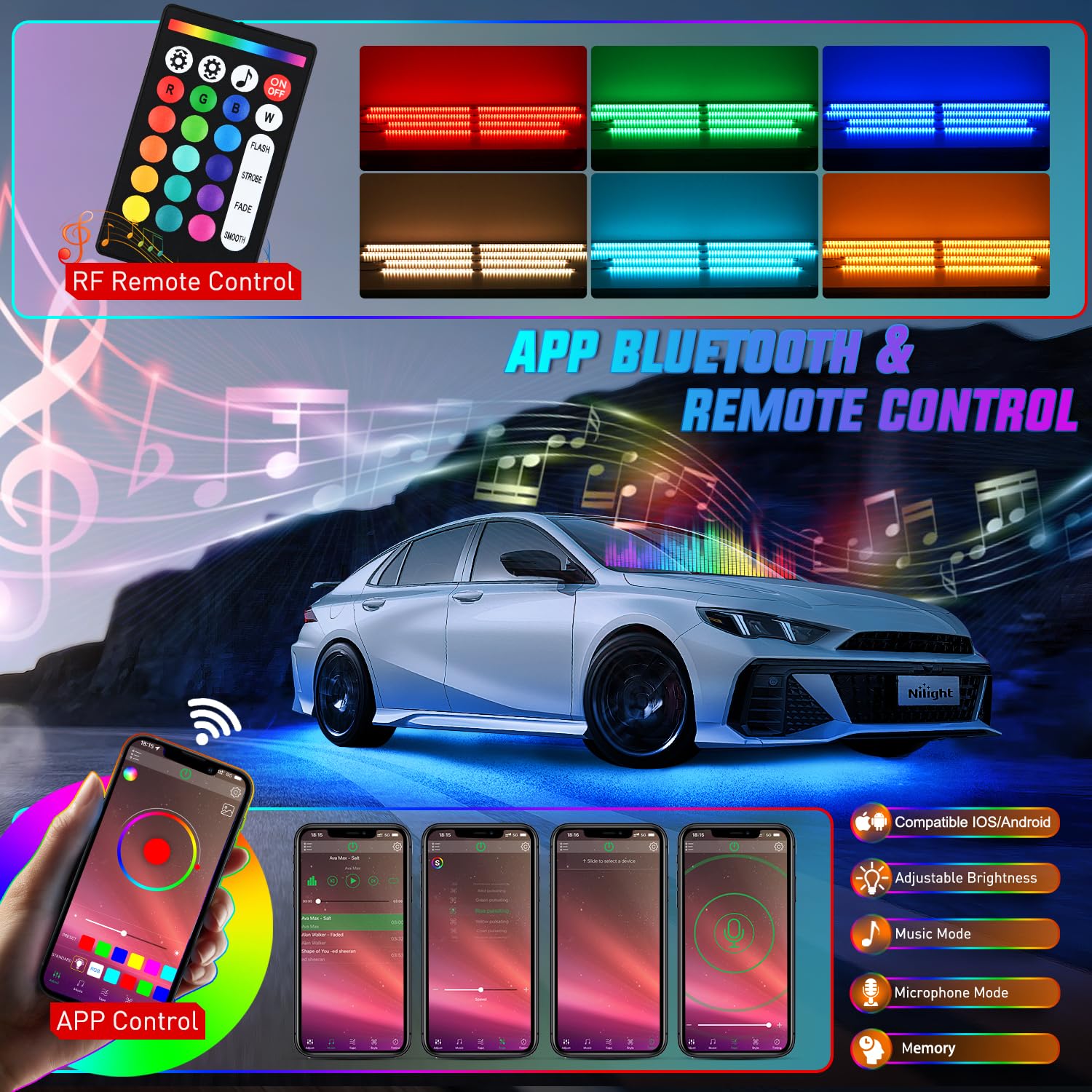 Nilight 8Pcs Aluminum Underglow Neon Accent Strip Lights 396 Leds Rgb Door Assist Multi Color Diy Sound Active Function Music Mo