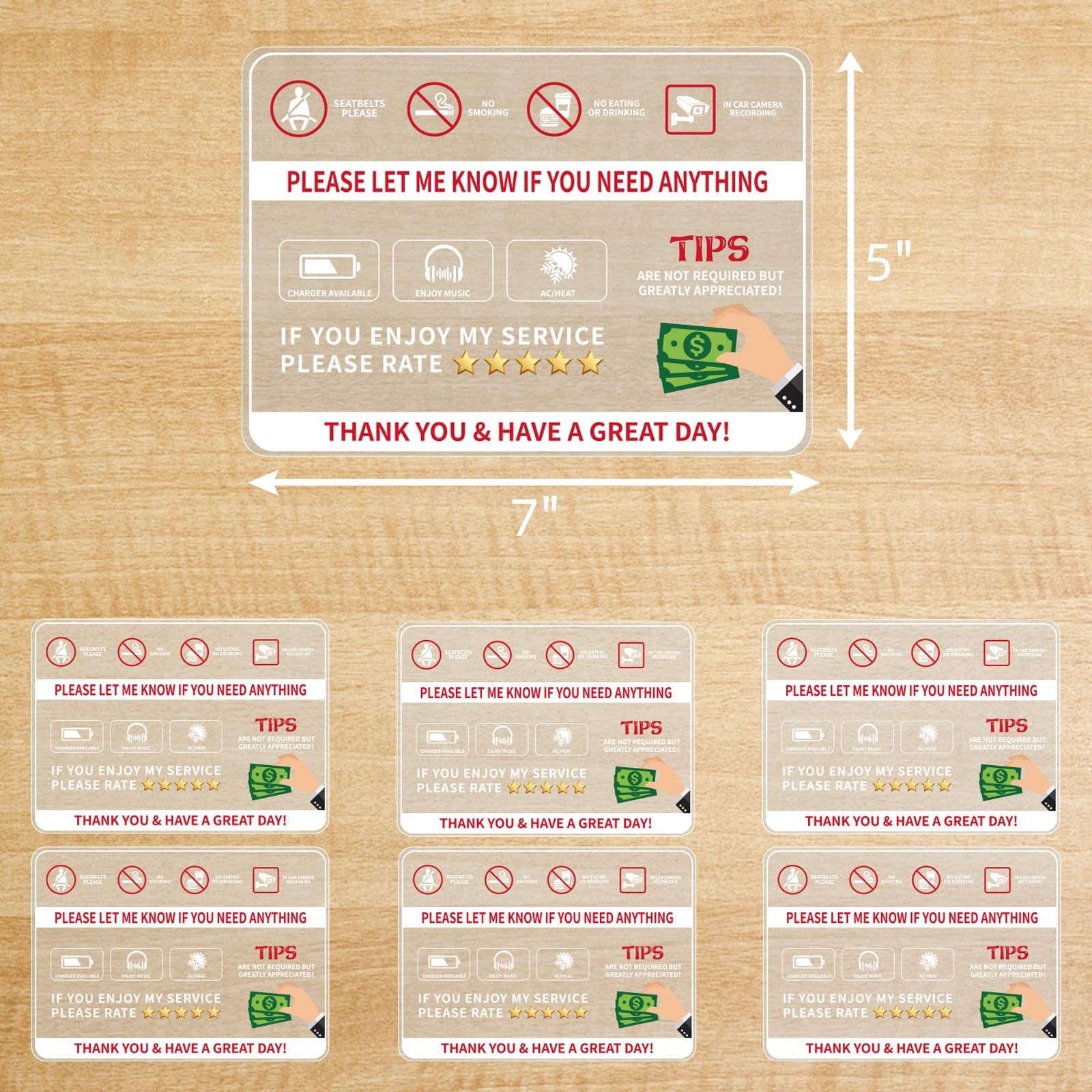 Rideshare Rating Tips Sign 7” X 5” Window Stickers Decal Removable Taxi Car Safety Warning Sign 6 Pack