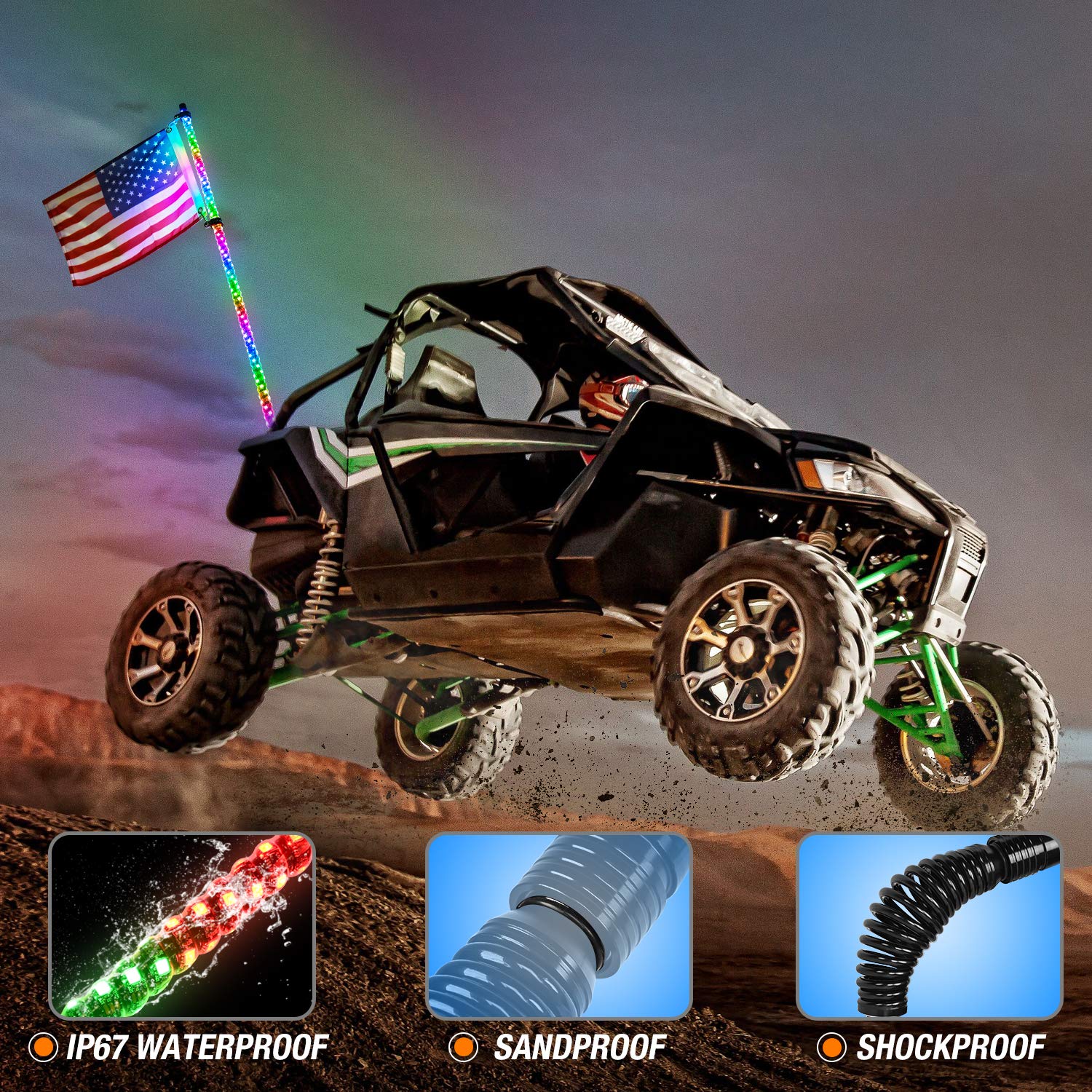 Nilight 1PC 3FT Spiral RGB Led Whip Light with Spring Base Chasing Light RF Remote Control Lighted Antenna Whips for Can-Am ATV