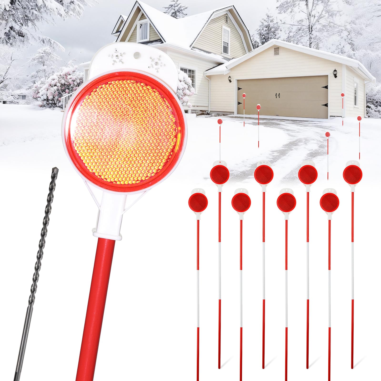 Driveway Markers Reflectors, 8-pack High Visibility Reflective Snow Stakes for Driveway Entrance, Easy Install Drill Bit, Double