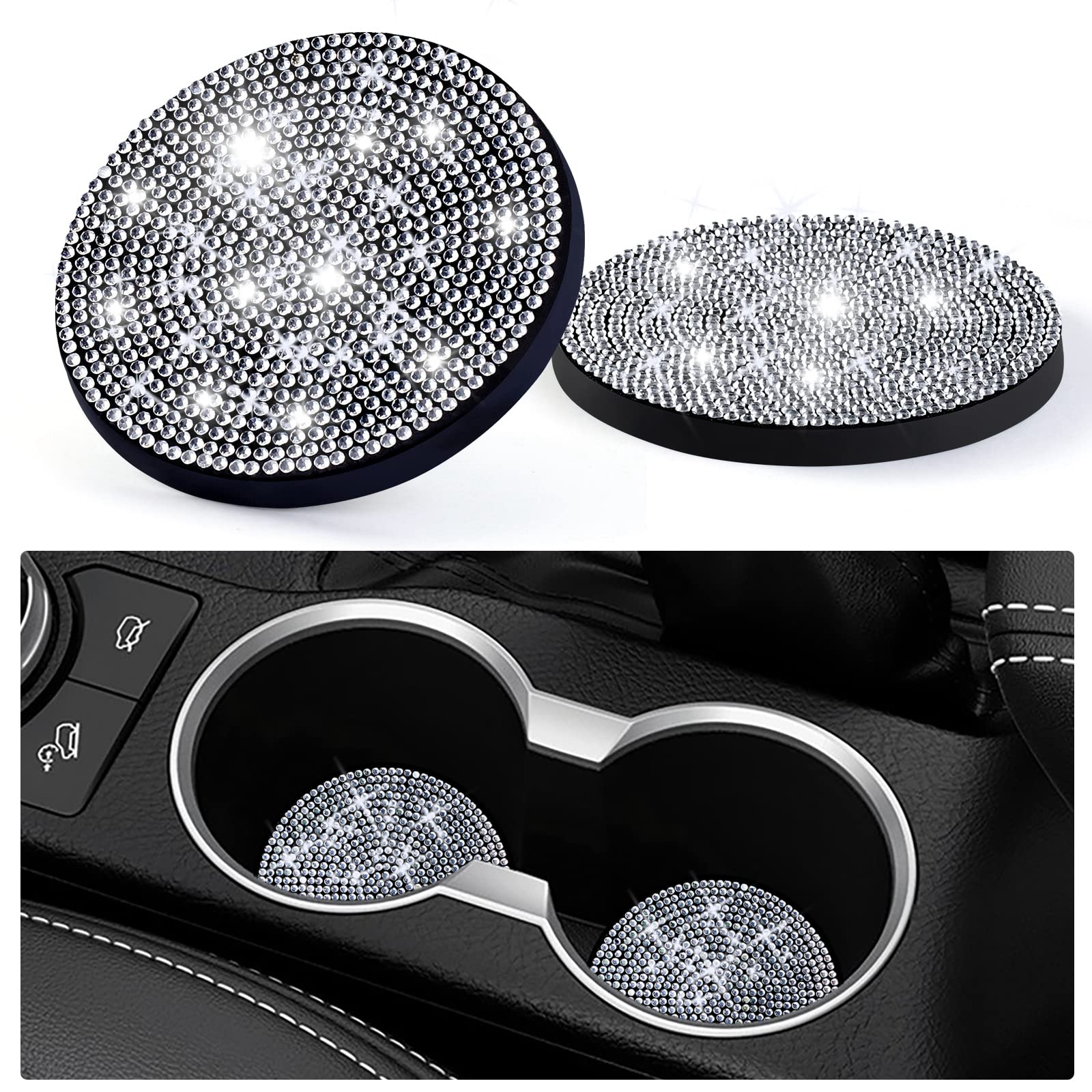 Tyhaui 2 Pack Bling Car Cup Holder Coasters, 2.75 Inch Full Crystal Rhinestone Car Cup Holder Insert Coaster Anti-Slip Auto Auto