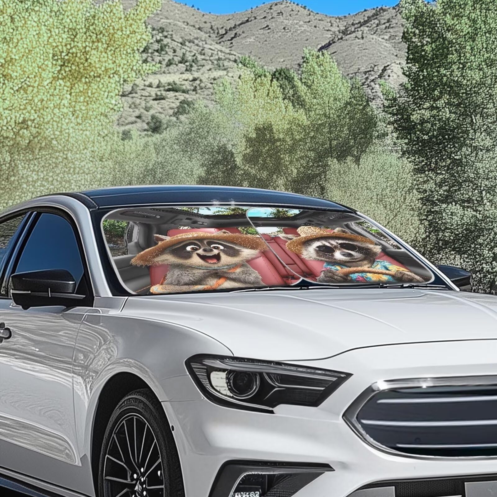 Huisefor Raccoon Car Windshield Sunshade 2 Piece Foldable Windshield Cover For Summer Uv Rays Protective Car Sun Visor Blocker A