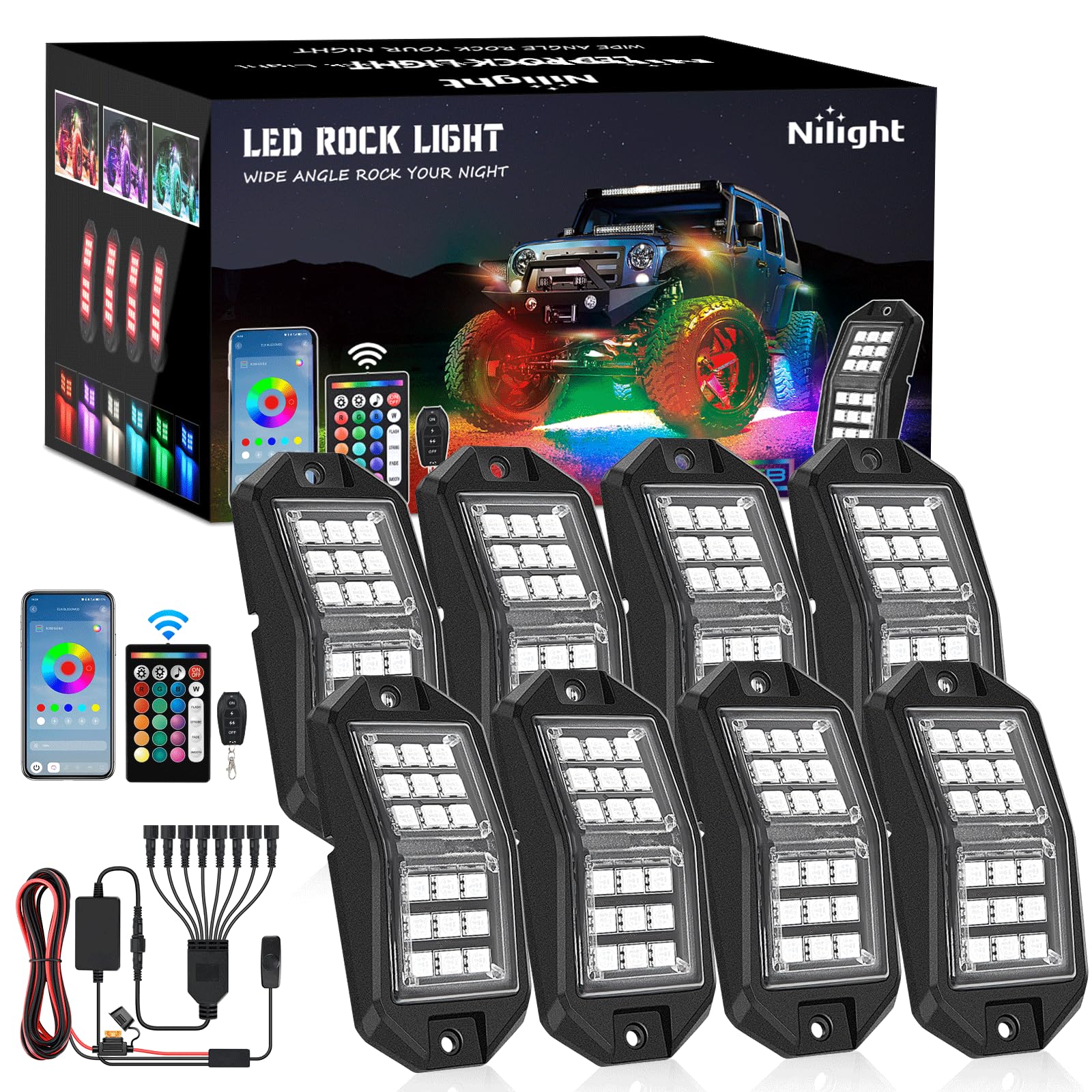 Nilight Rgb Led Rock Lights Kit 8 Pcs 18Led Wide Angle Wheel Well Light With Remote & Bluetooth App Dual Control Multi Modes Und