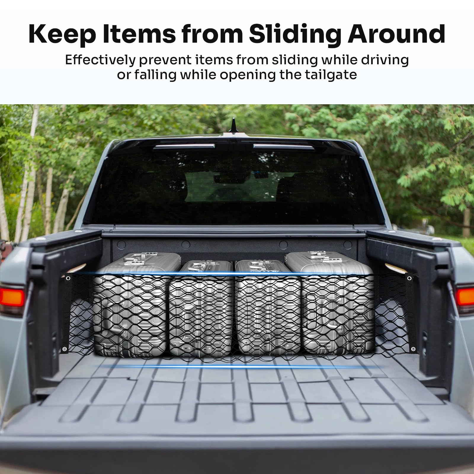 Canvcle Truck Bed Cargo Net for 2022-2025 Rivian R1T/R1S Accessories Envelope Style Mesh Trunk Net Organizer and Storage Stretch