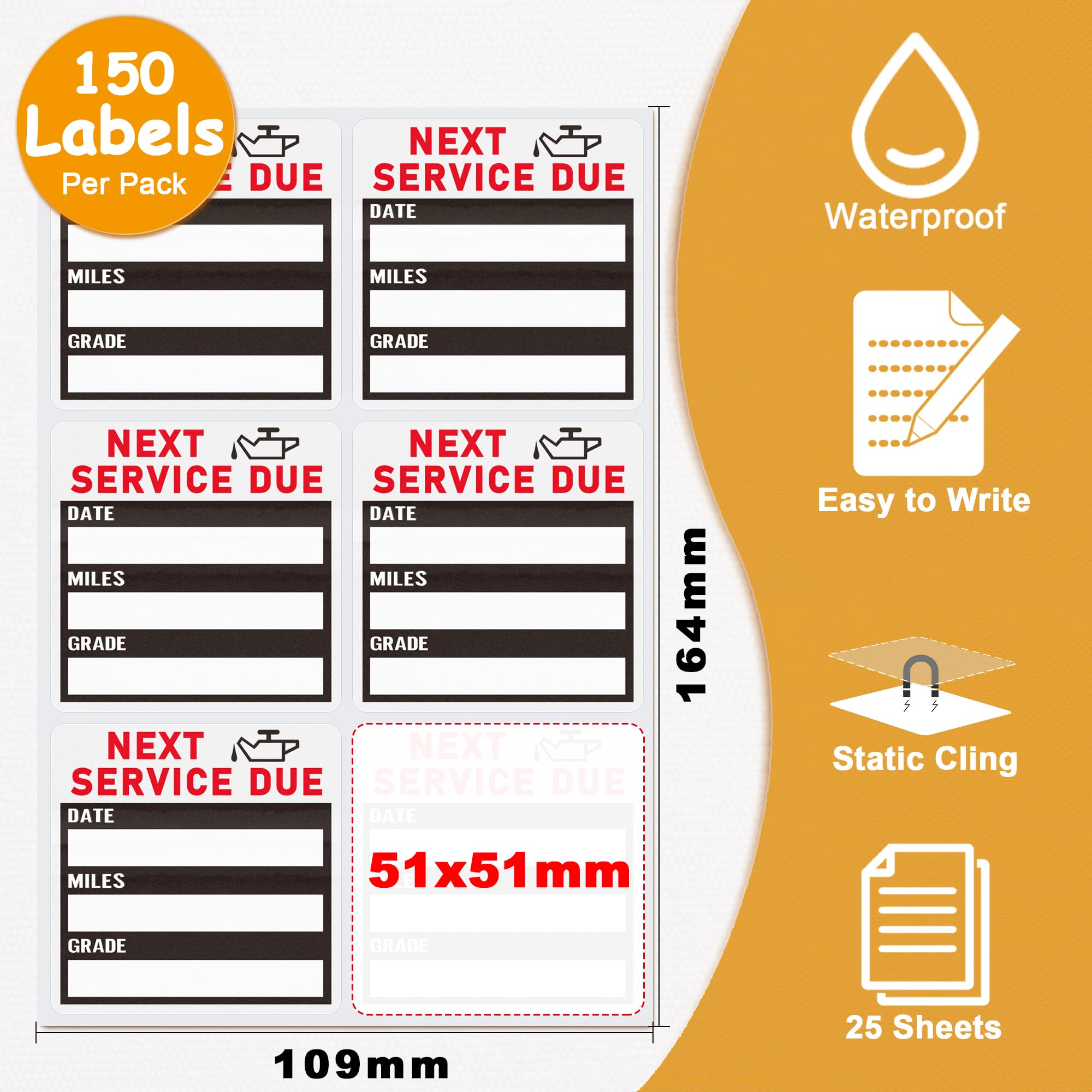 Hybsk 150Pcs Static Cling Oil Change Stickers Clear Oil Service Reminder 2 ''X2 '' Premium Quality Oil Change Labels (Static Cli