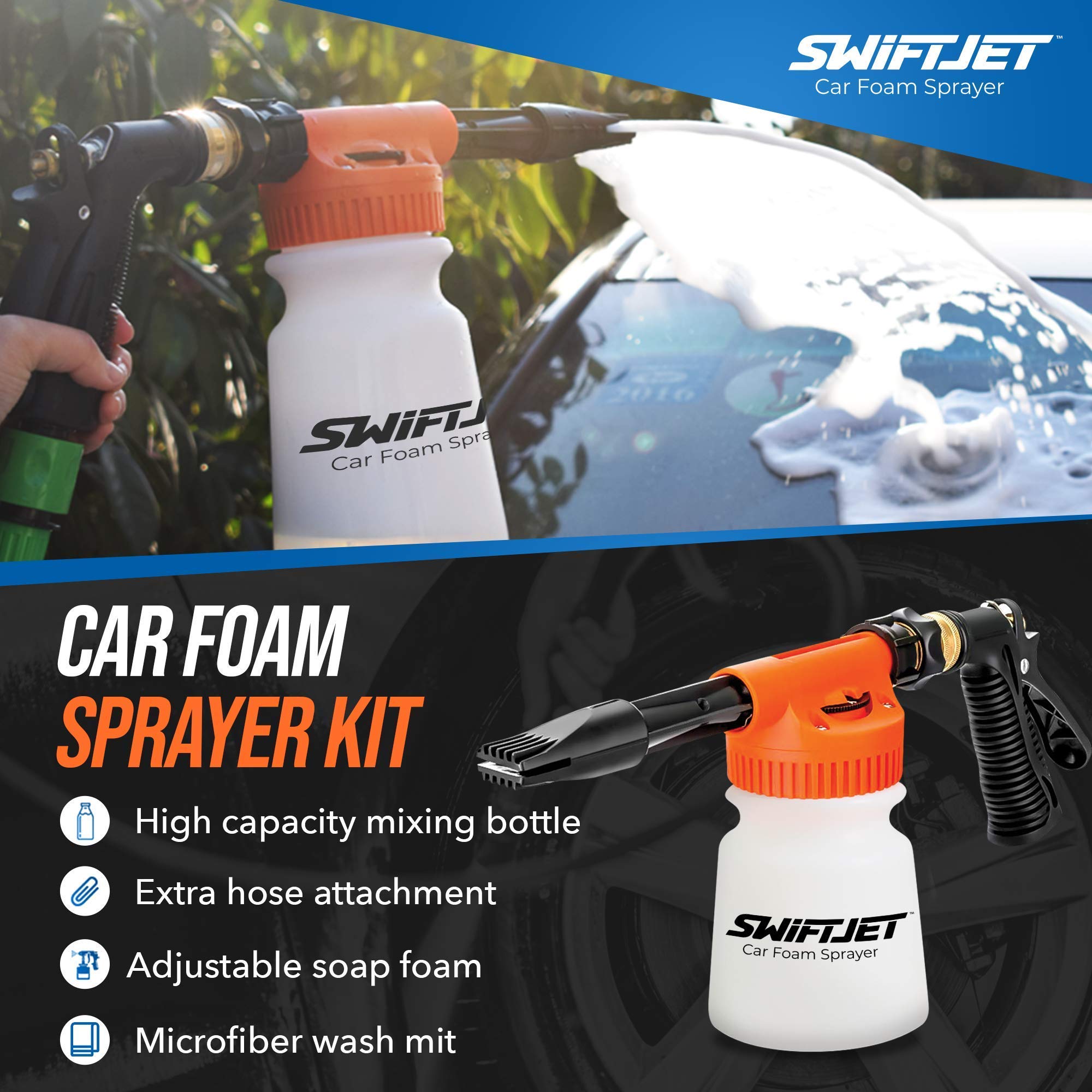 Swiftjet Car Wash Foam Gun + Microfiber Wash Mitt - Car Foam Sprayer - Foam Cannon Garden Hose - Spray Foam Gun Cleaner - Car Wa