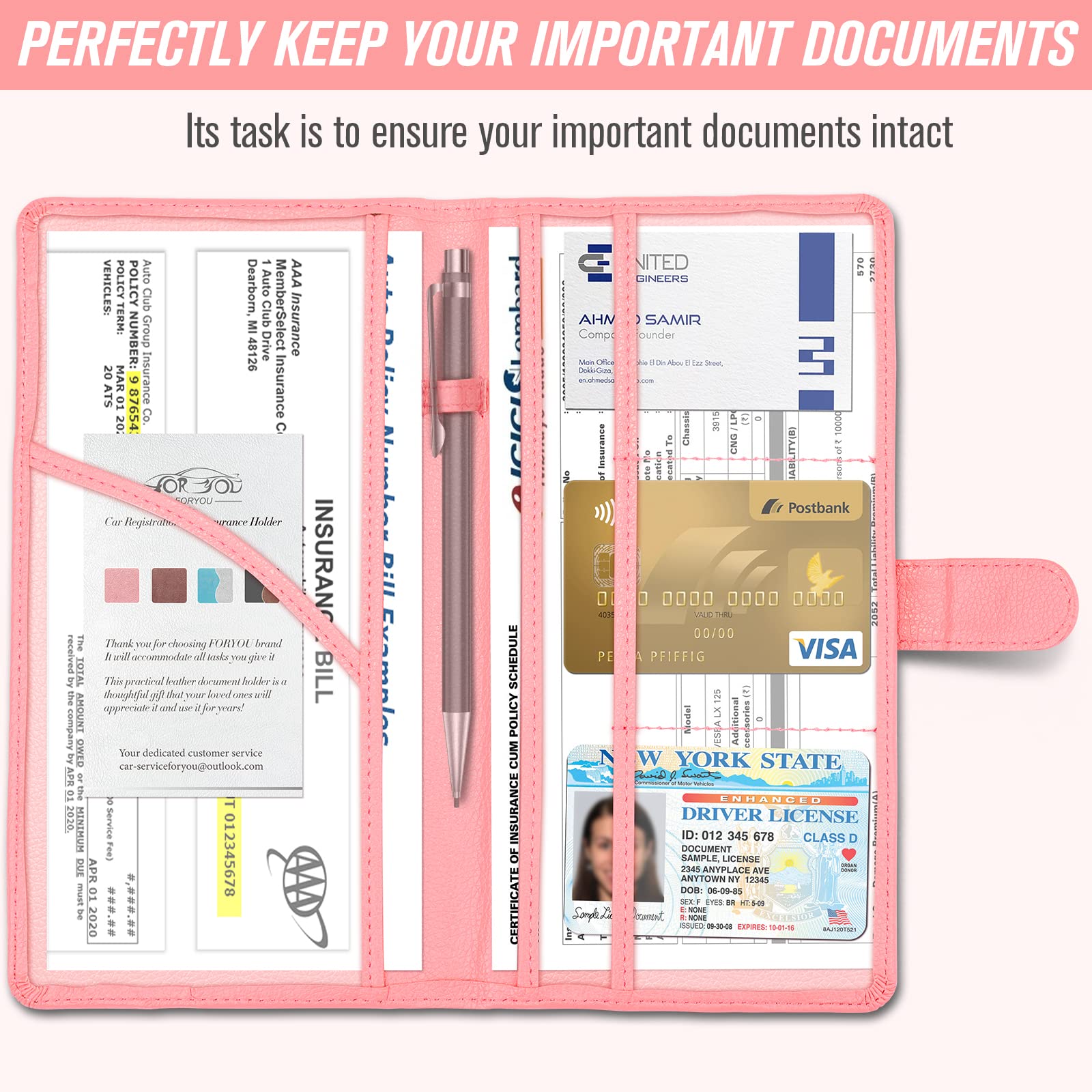 Foryou Car Registration And Insurance Holder With Magnetic Closure, Auto Truck Document Vehicle Glove Box Paperwork Organizer Wallet For Accessories Case, License, Card (Pink)