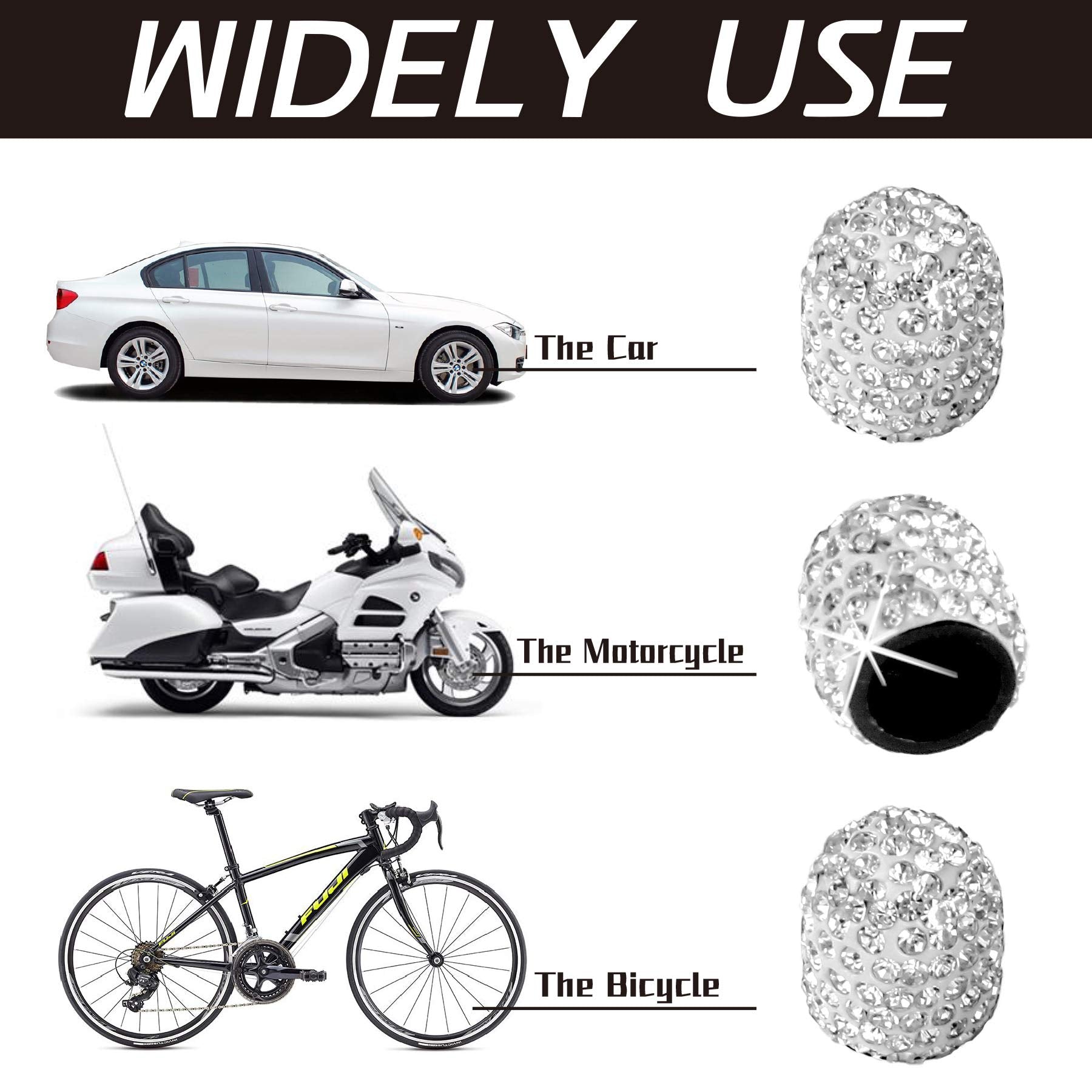 Justtop 4 Pack Handmade Crystal Rhinestone Tire Valve Stem Caps, Wheel Tire Valve, Attractive Dustproof Bling Car Accessories, Universal For Cars, Trucks And Motorcycles-White