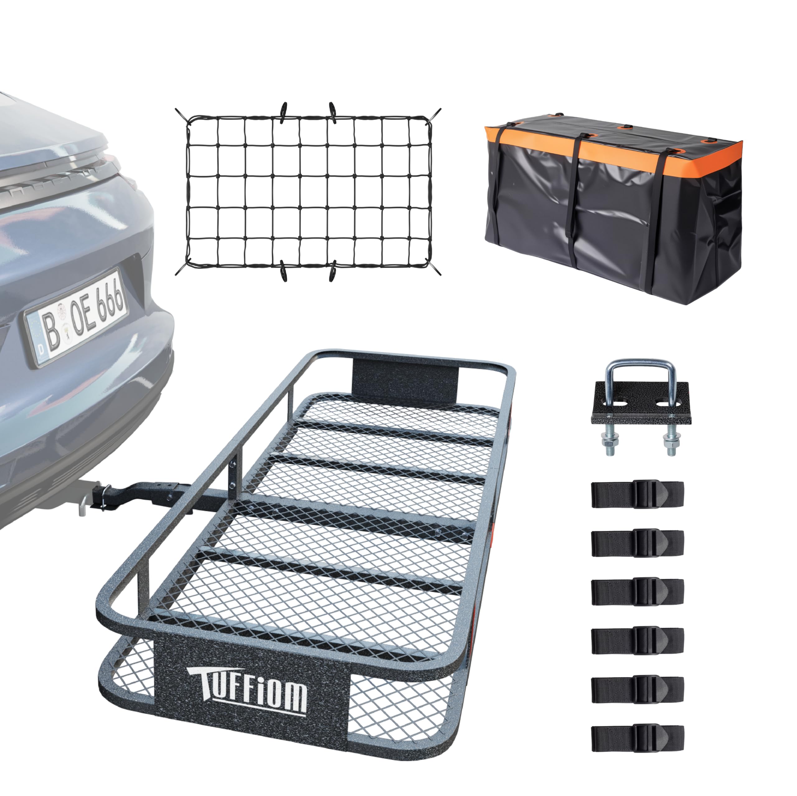 Tuffiom 60''X20''X6'' Folding Hitch Mount Cargo Carrier Basket, 500Lbs Steel Car Cargo Trailer Hitch Luggage Rack With Net, Wate