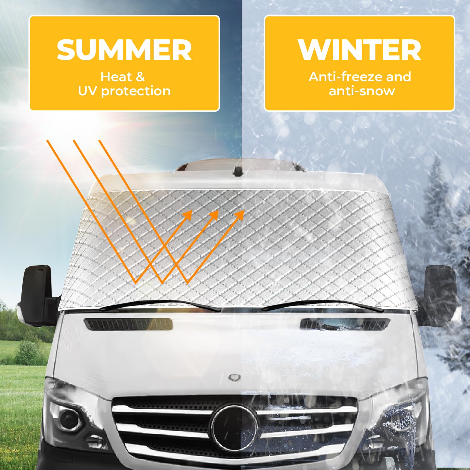 Bougerv Rv Windshield Window Snow Cover For Class B Dodge Mercedes Sprinter 2006-2015 Motorhome Windshield Cover Snow Cover For Rv Front Window Sunshade Cover Rv Accessories With Mirror Cutouts Silver