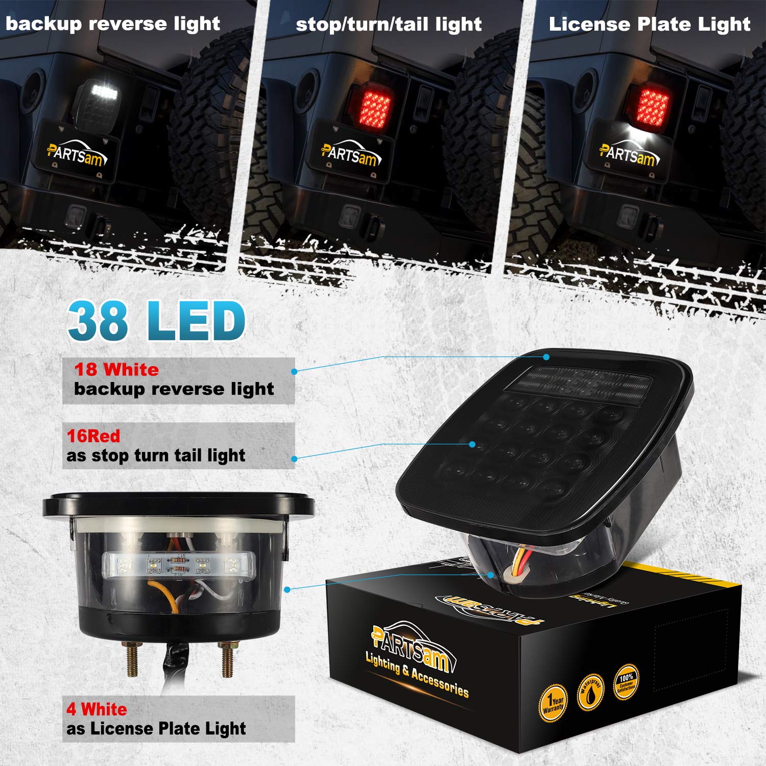 Partsam 2Pcs Universal Smoked Square Combination 38 Led Signal Tail Lights W/License Plate Lights Flatbed Trucks Brake Stop Turn