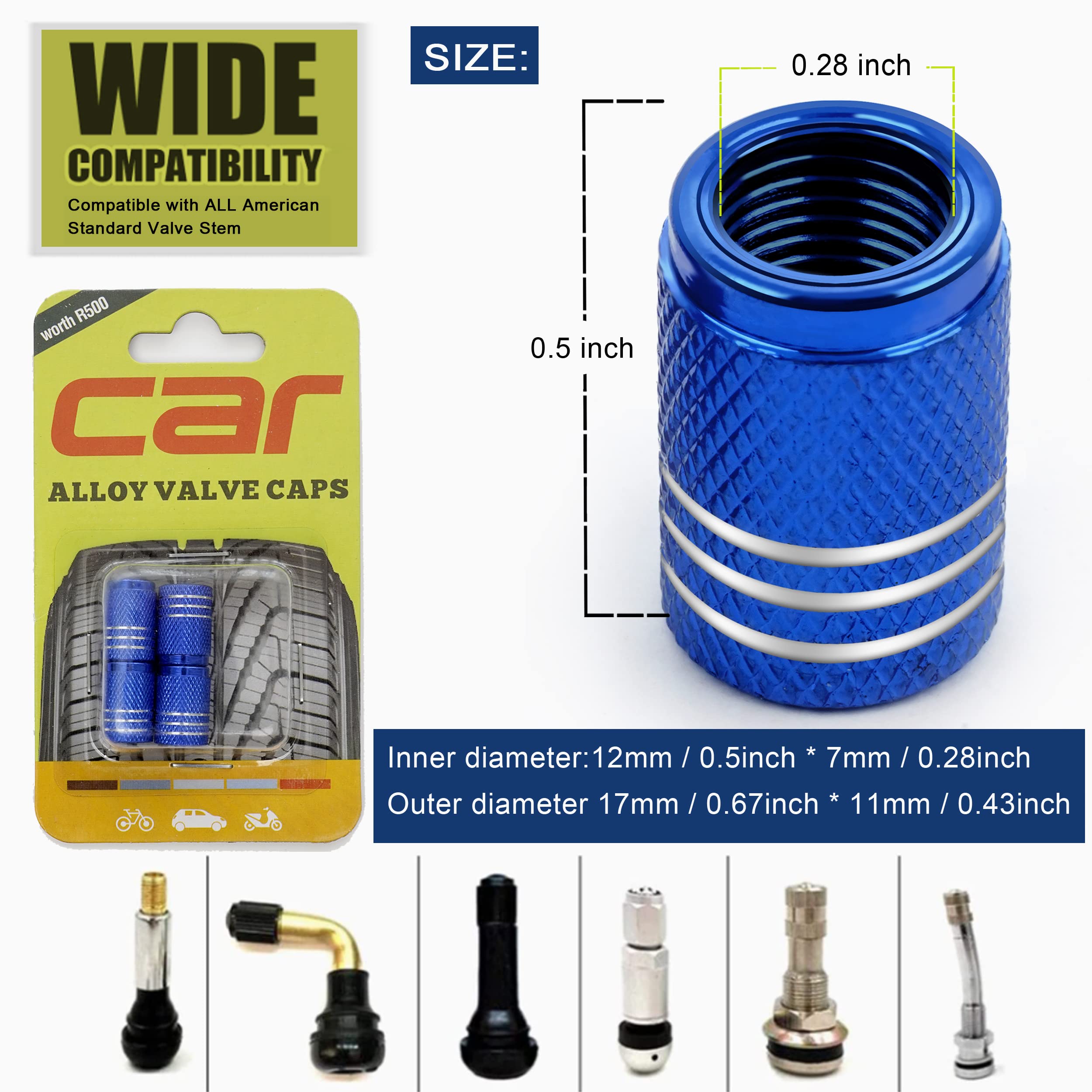 Tire Caps 4 Pack,Universal Tire Valve Caps,Tire Pressure Caps With O Rubber Ring,Corrosion Resistant Leak-Proof, Metal Air Valve Stem Caps For Cars Tires Suvs Bicycles Trucks Motorcycles Blue Smiley