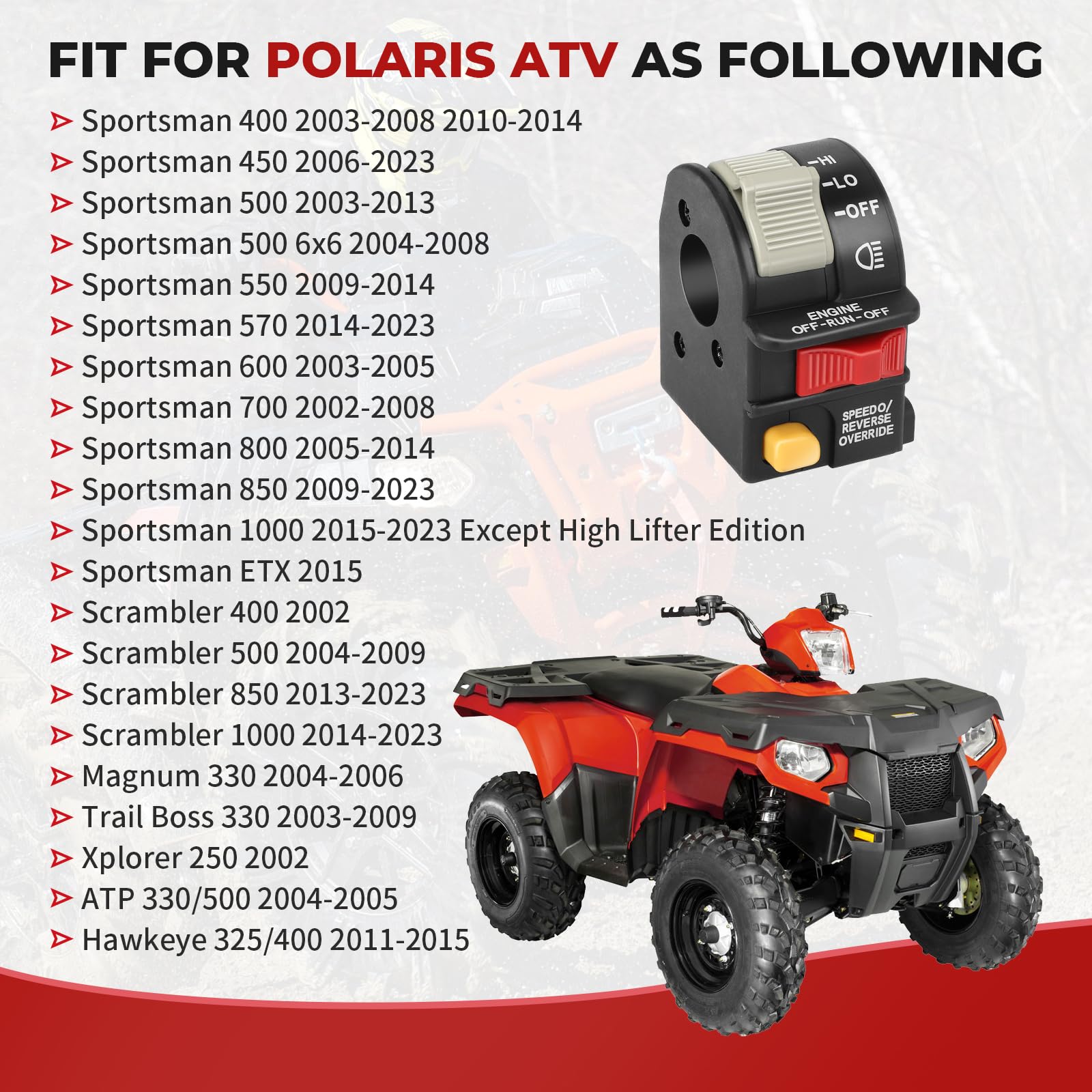 Handlebar Stop Headlight Light Switch For Polaris Sportsman-400/450/500/550/570/600/700/800/850/1000 Scrambler-850/1000 Atp-330/500 Scrambler-500 Magnum-330 Trail-Boss-330 Scrambler-400 Xplorer-250