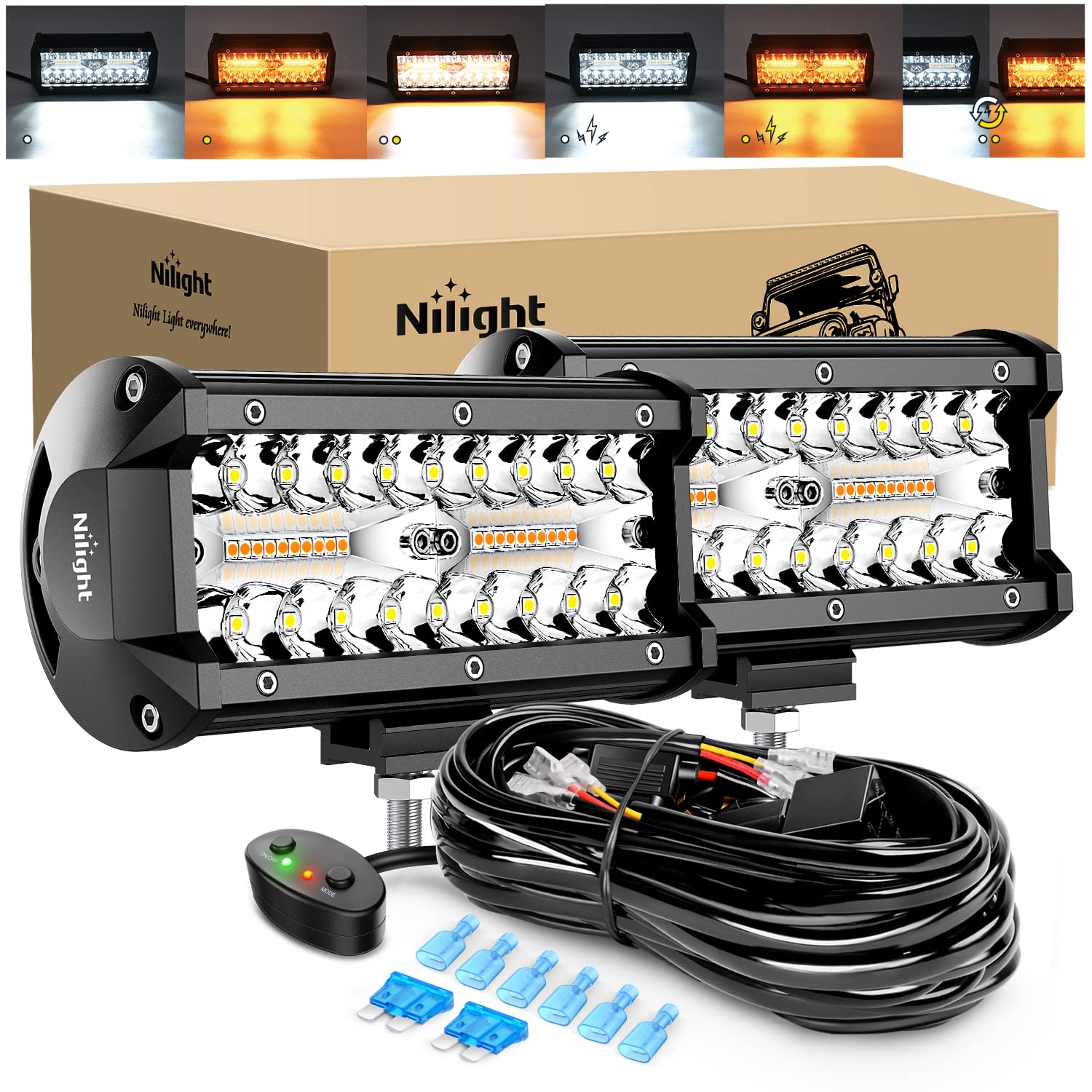 Nilight 2Pcs 6.5 Inch 120W Led Light Bar Amber White Strobe 6 Modes Memory Function Off-Road Truck Car Atv Suv Cabin Boat With 1