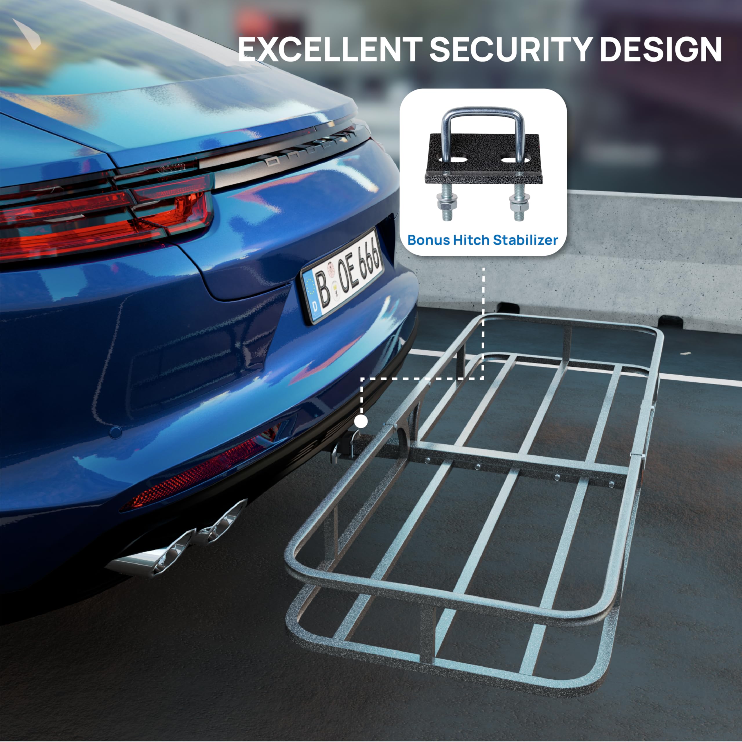 Tuffiom 54''X19''X5.5'' Hitch Mount Cargo Carrier Basket, 500Lbs Steel Car Cargo Trailer Hitch Luggage Rack With Straps & Stabil