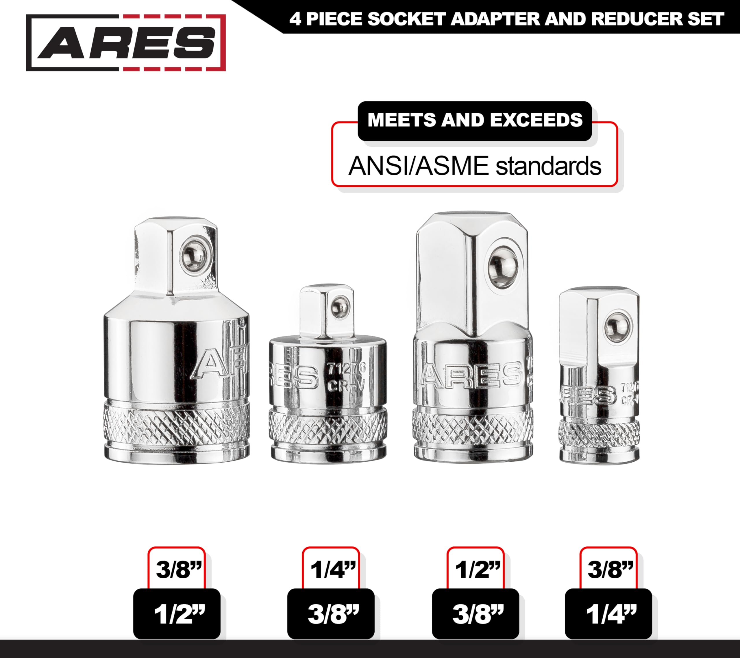 Ares 70007-4-Piece Socket Adapter And Reducer Set - 1/4-Inch, 3/8-Inch, & 1/2-Inch Ratchet/Socket Set Extension/Conversion Kit -
